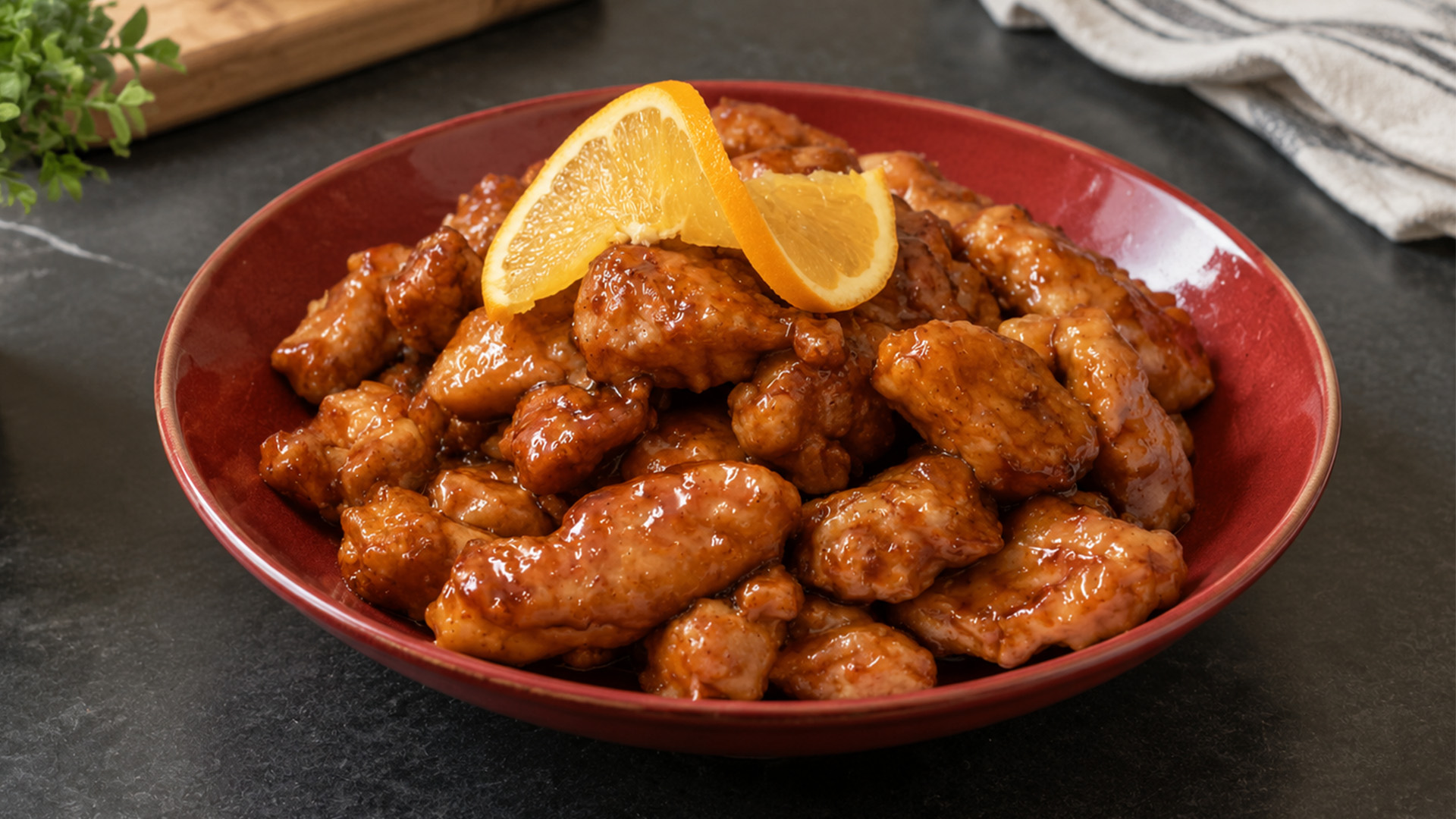 Golden crispy chicken in a rich orange sauce