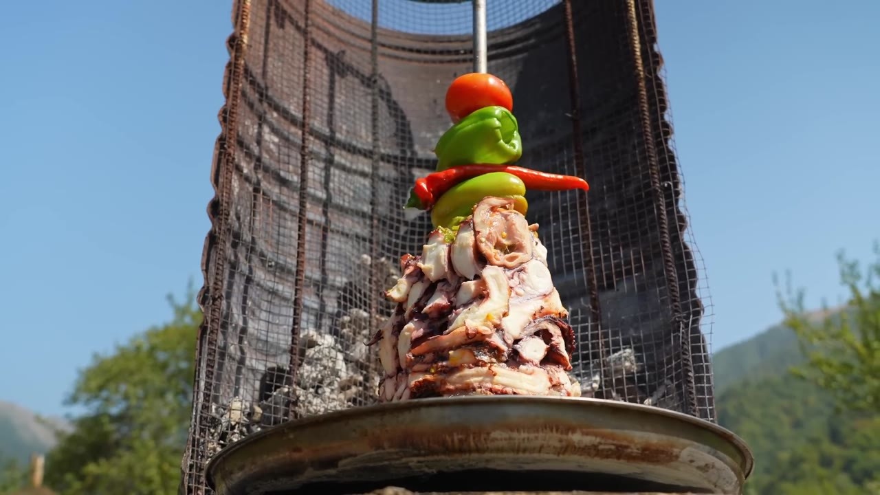 A giant octopus gets poached, spit-roasted and turned into kebab wraps