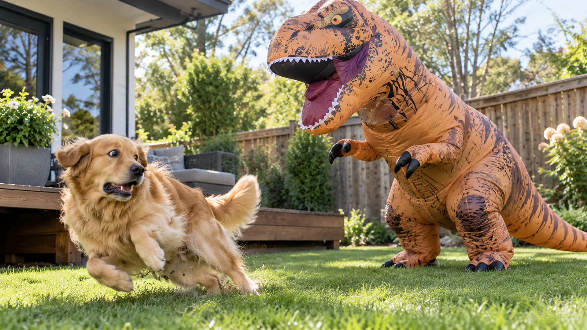 Golden retriever reacts to T Rex costume