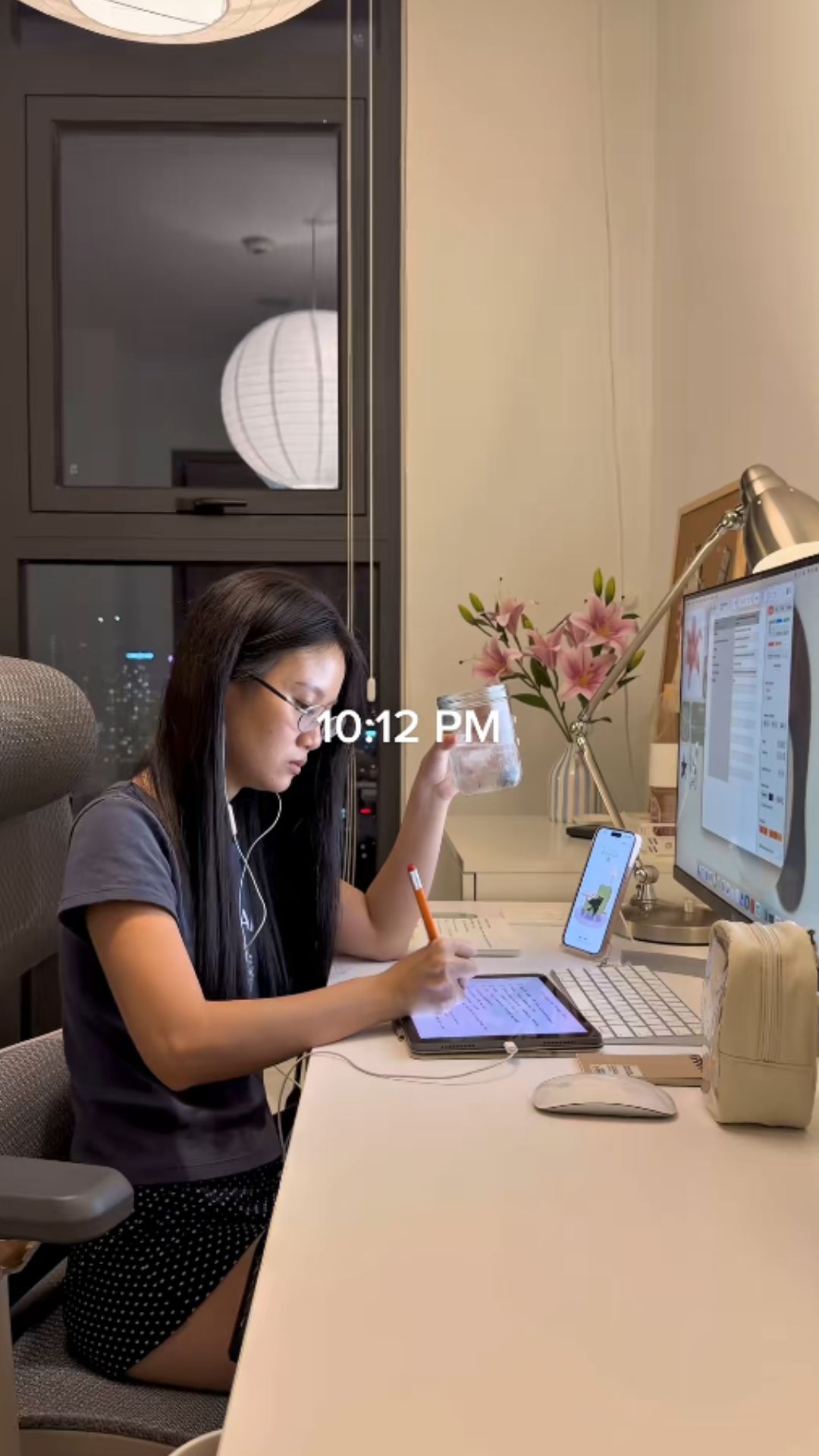 Late night study routine in a cozy student bedroom