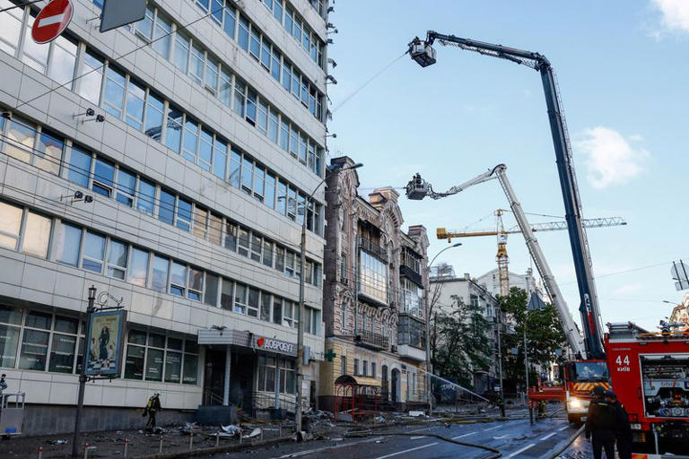 Firefighters work at the site of a Russian jet-powered drone strike, amid Russia's attack on Ukraine, in Kyiv, Ukraine, September 28, 2026. REUTERS/Valentyn Ogirenko