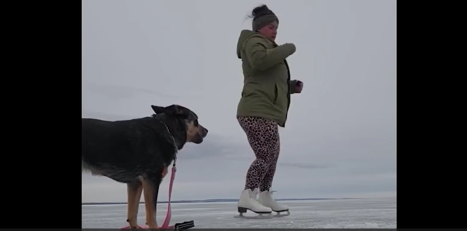 Dog sees mom dancing on ice - and decides to join her