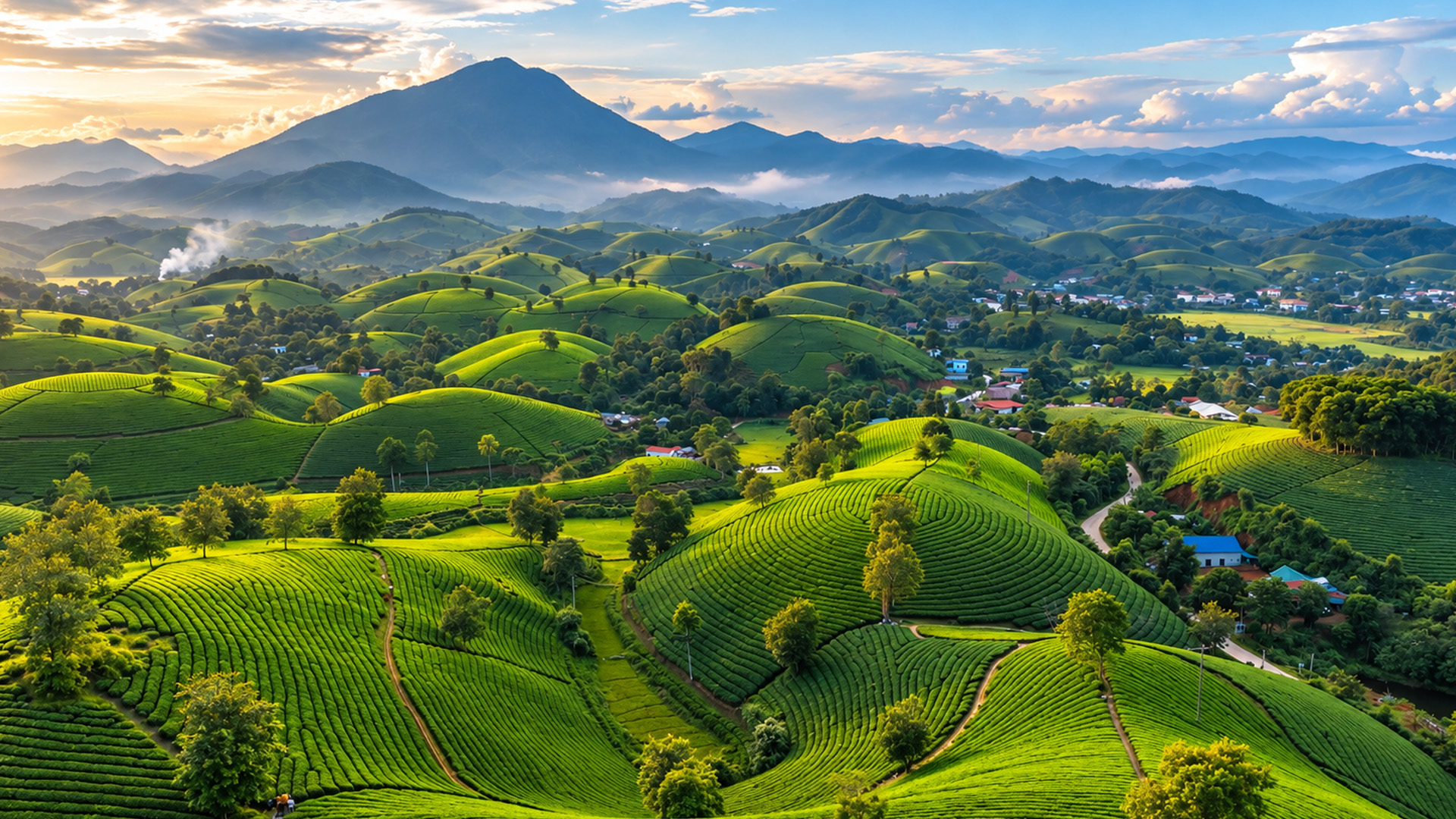Mountain villages surrounded by endless tea-covered hills