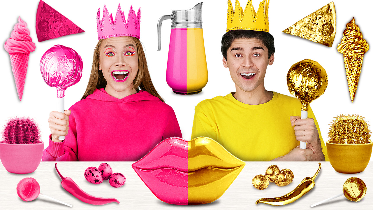 Eating only one color food for 24 hours: gold vs pink food challenge