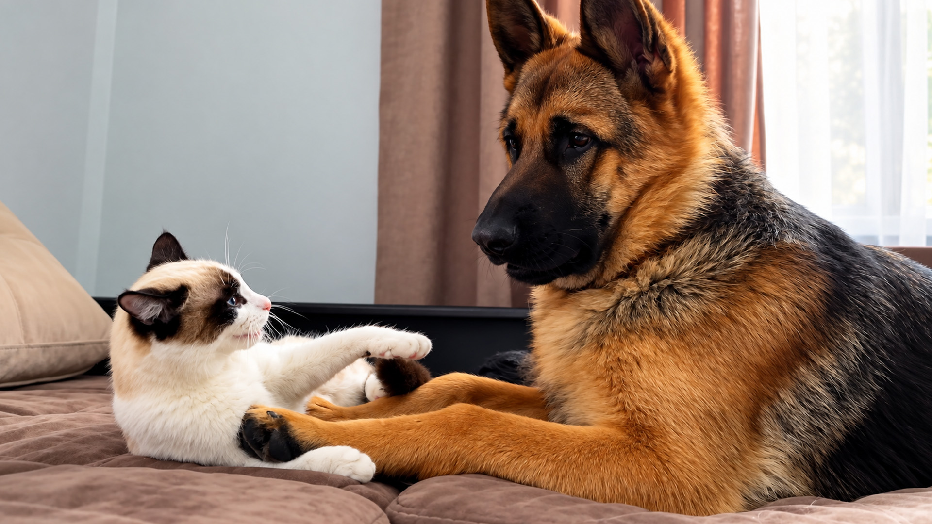 German shepherd puppy plays gently with a fearless kitten