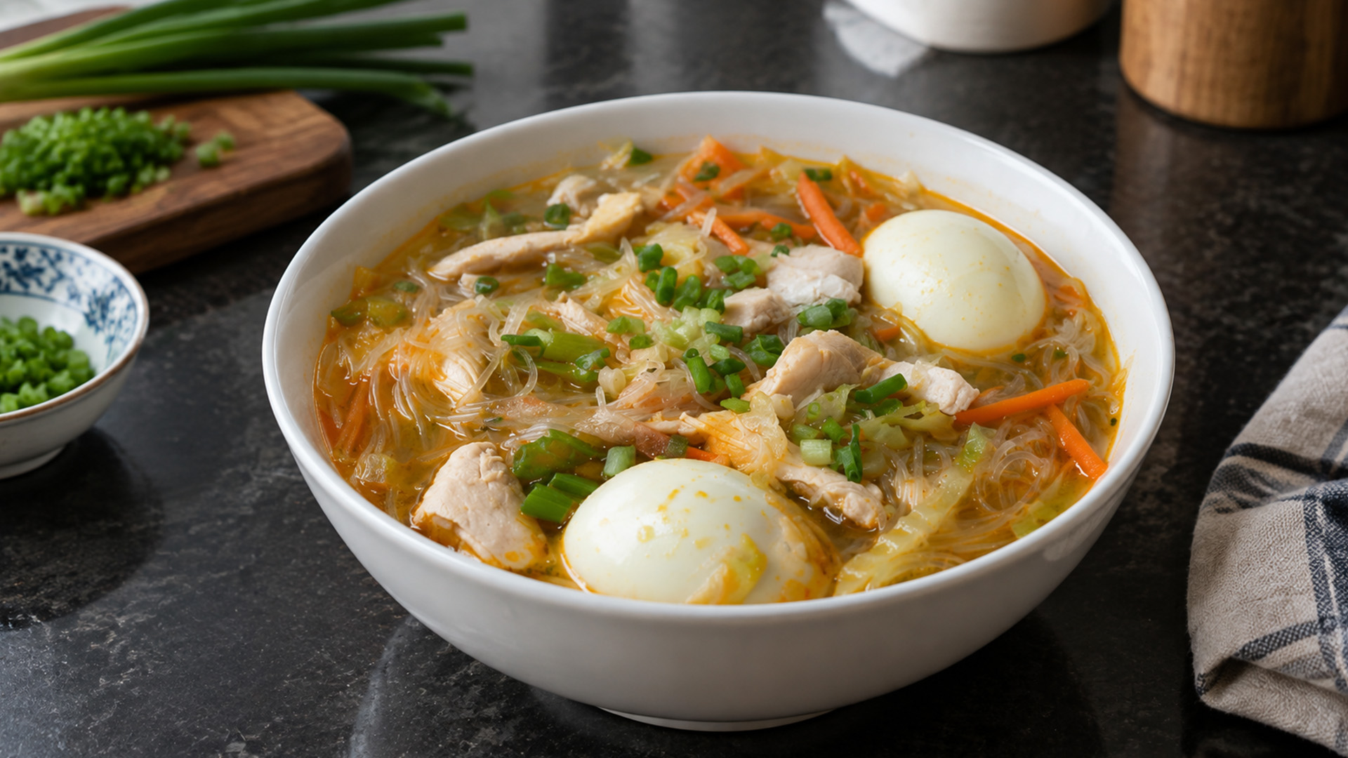 Chicken sotanghon soup with tender chicken and glass noodles