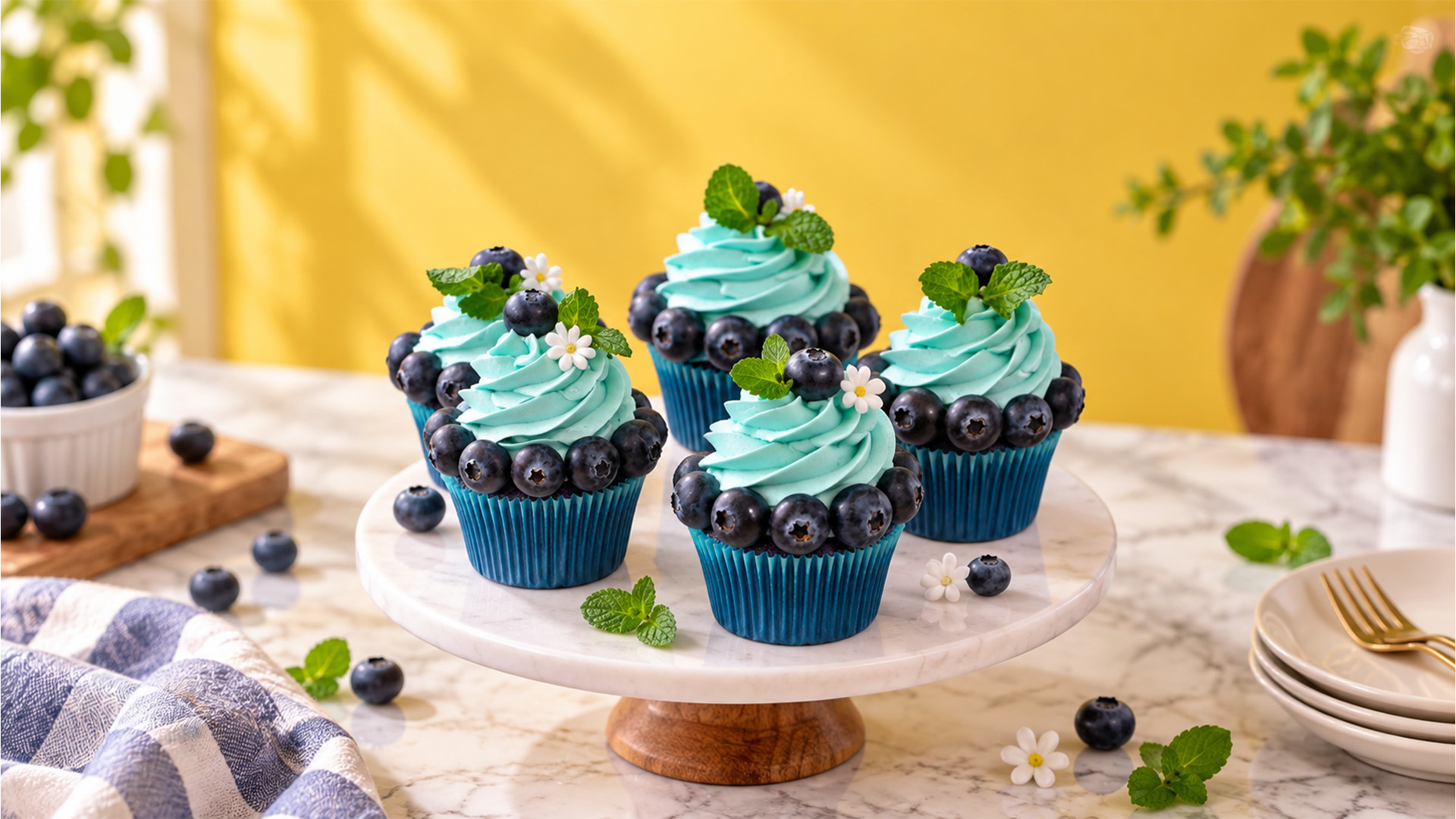 Sweet blue cupcakes covered in fresh blueberries