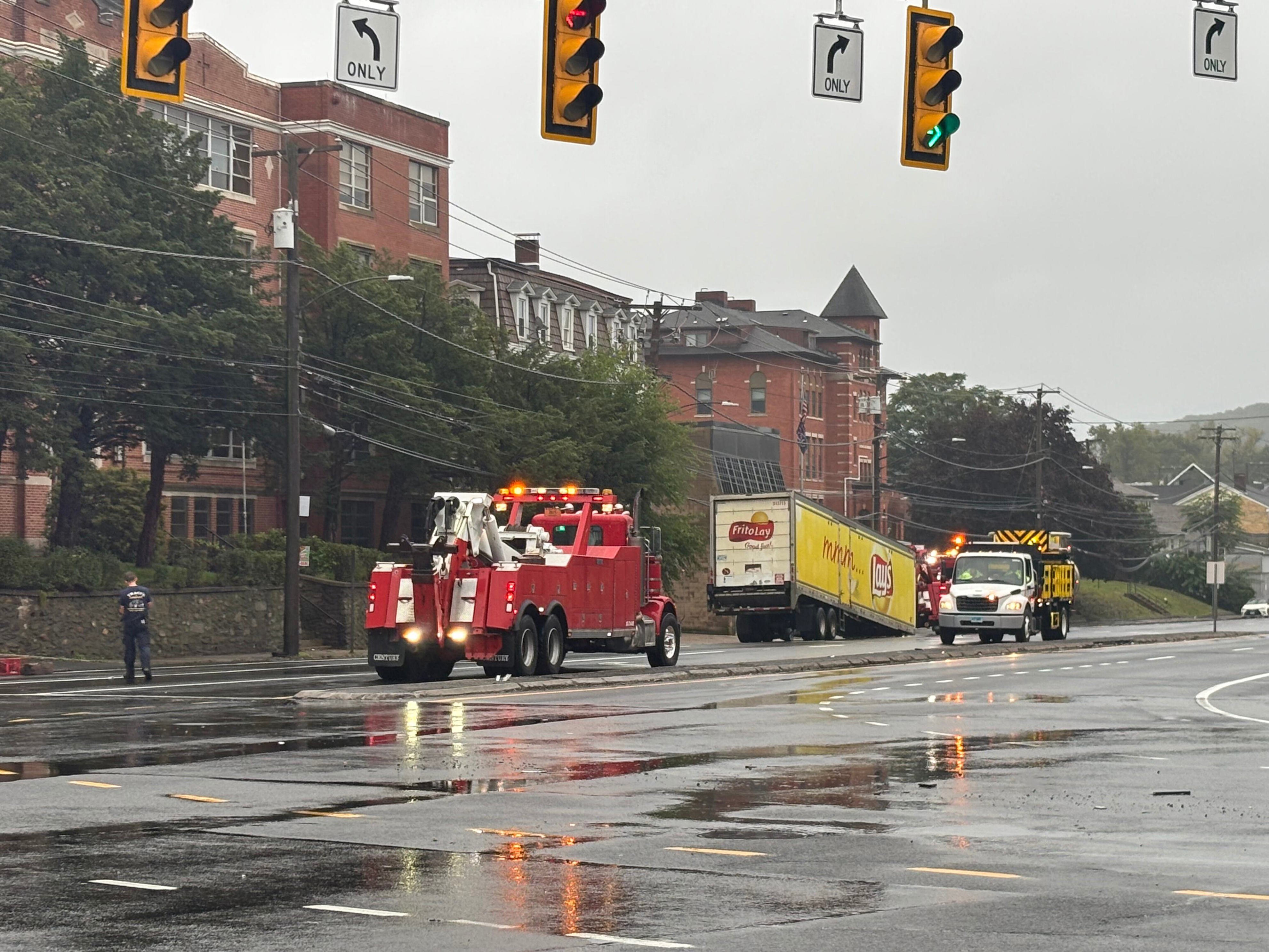 Tractor trailer hits church’s stone wall in Derby, crews say