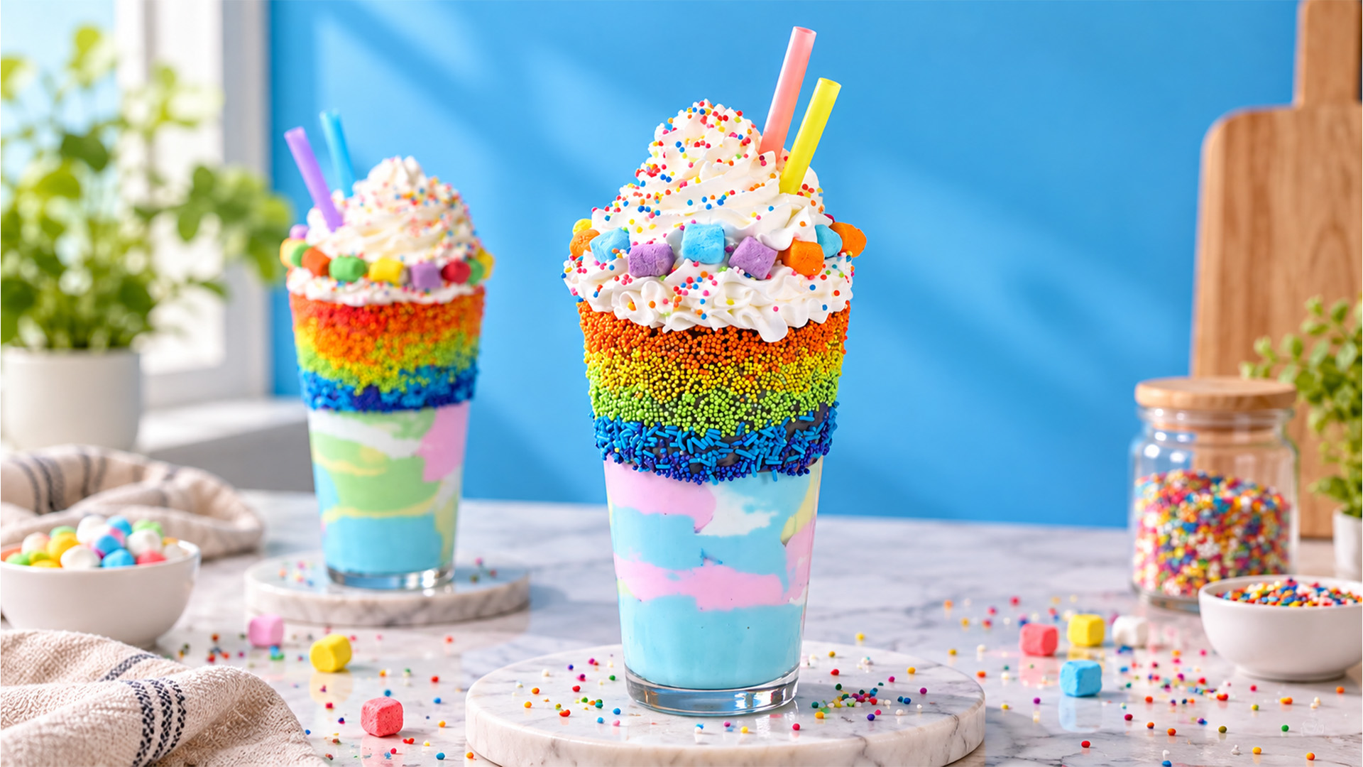 Rainbow milkshake with whipped cream and marshmallows