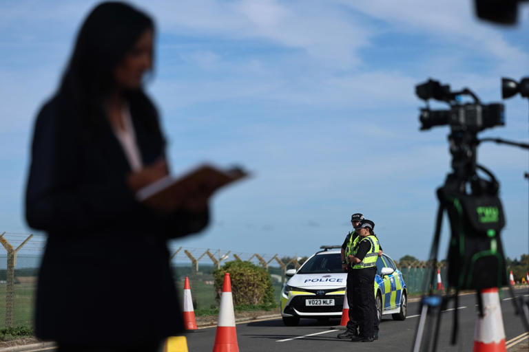 A roadblock near RAF Fairford in western England remained in force on Monday.