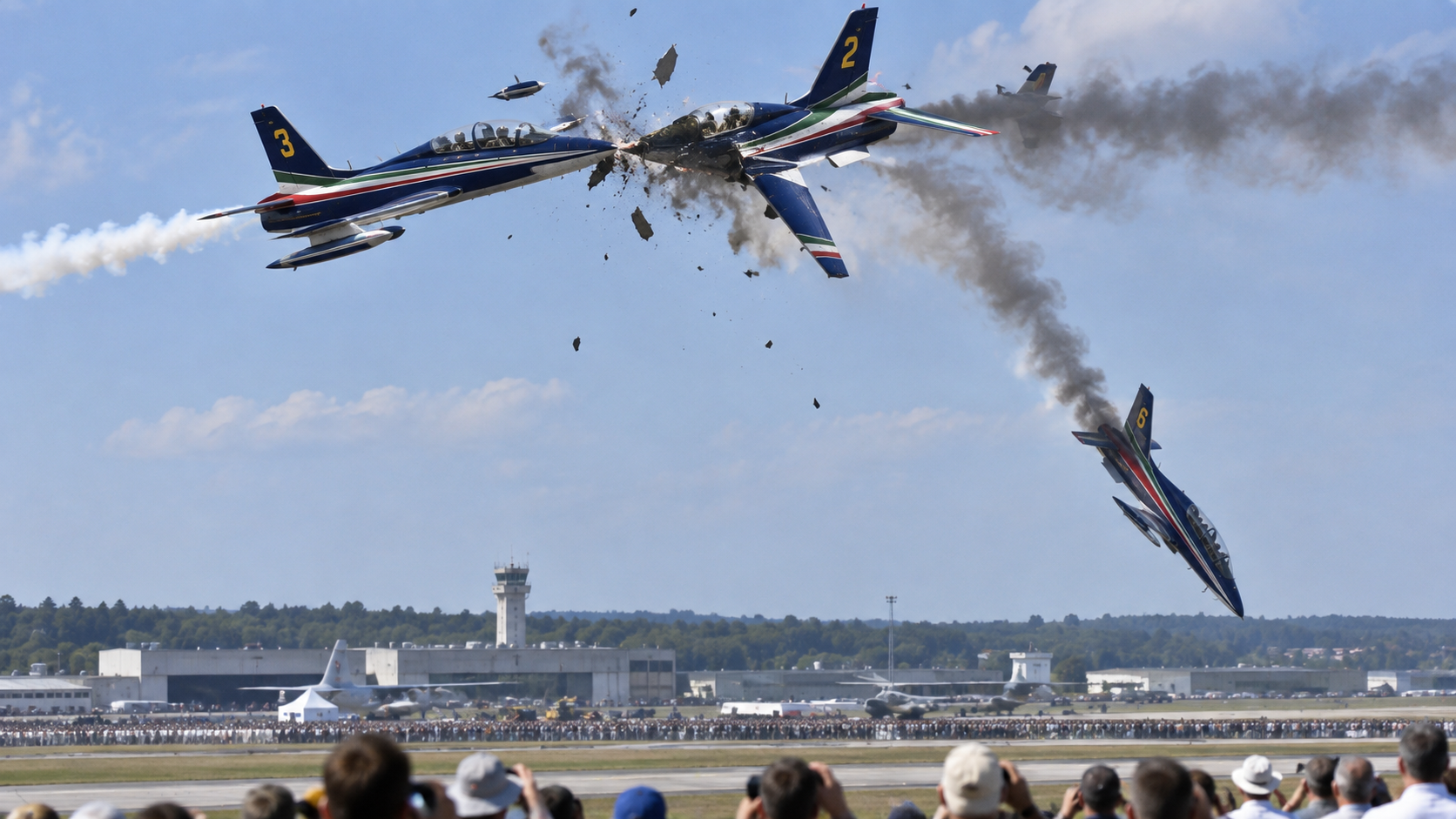 Three jets collided above an air show. One came straight toward the crowd