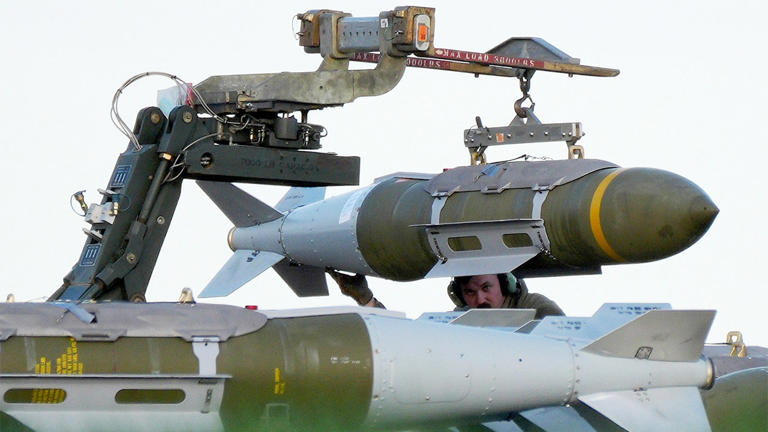 Ground crew prepare to load munitions onto a U.S. Air Force B-1 bomber at RAF Fairford on March 11, 2026, in Fairford, England. Getty Images