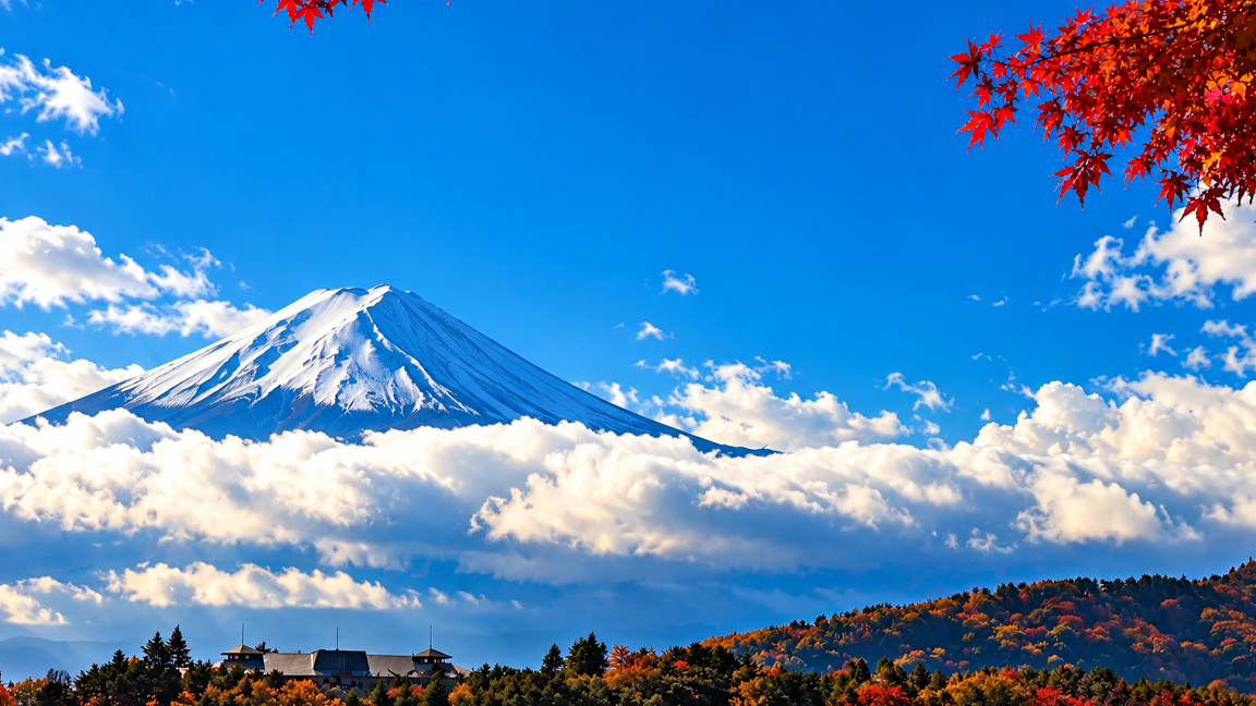 Mount Fuji rising above the clouds in autumn