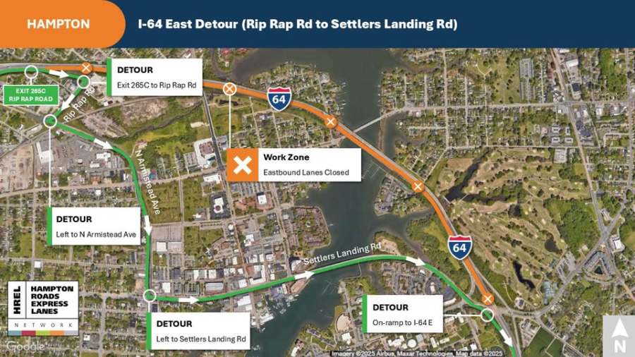Overnight closure for part of I-64 east in Hampton starts Tuesday