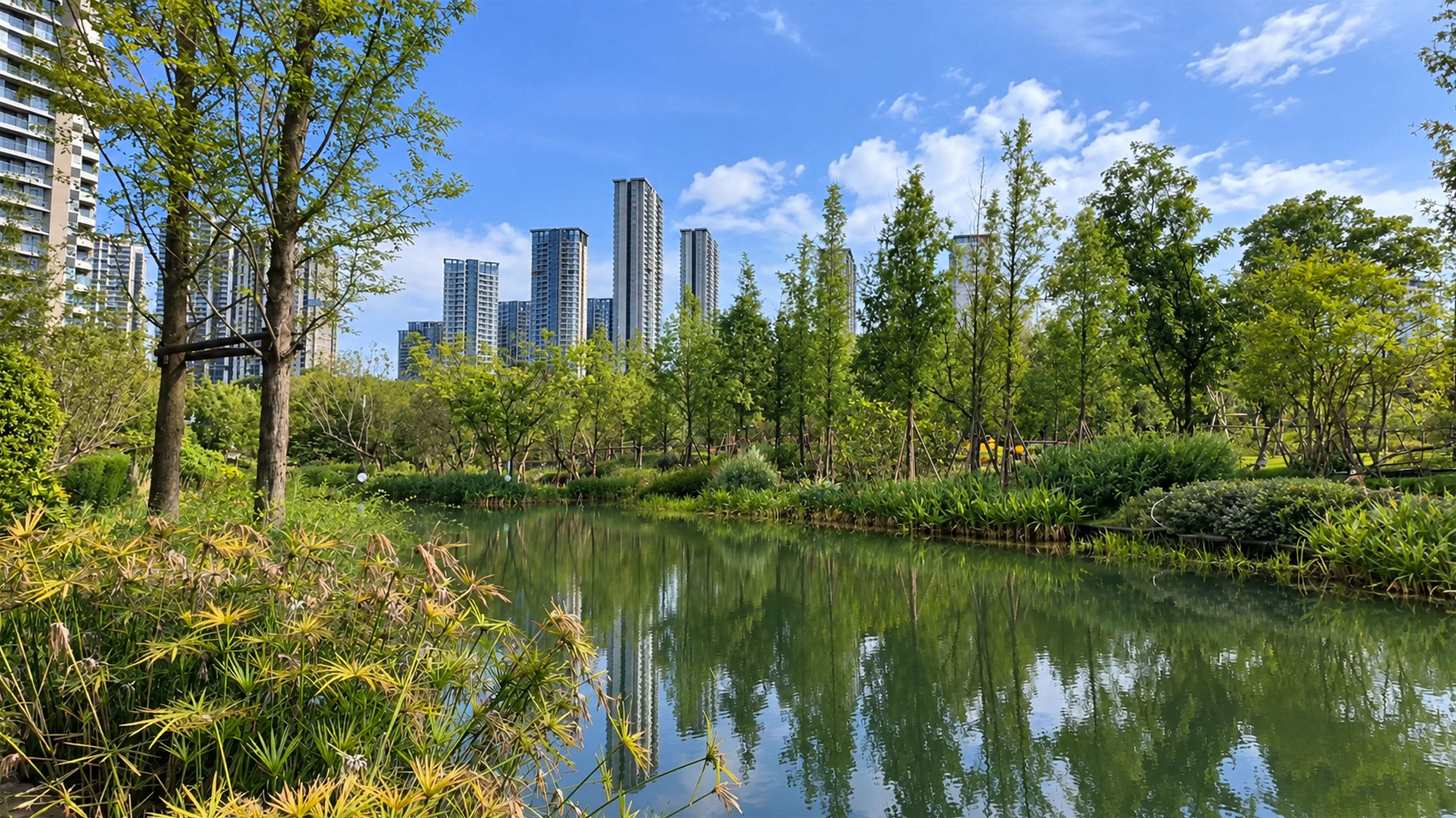 Modern residential towers rise beyond this urban wetland landscape