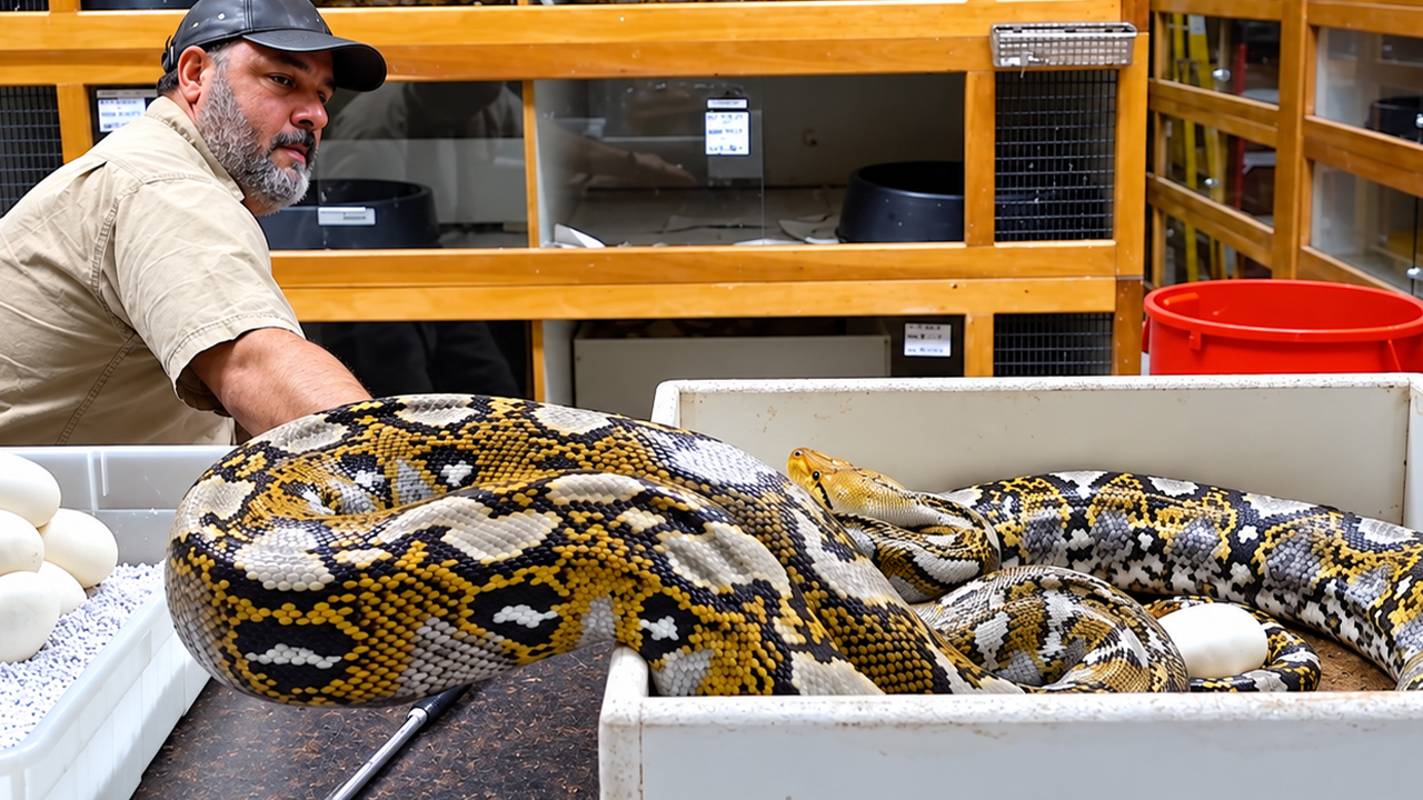 His swollen face and striking python made egg collection wild