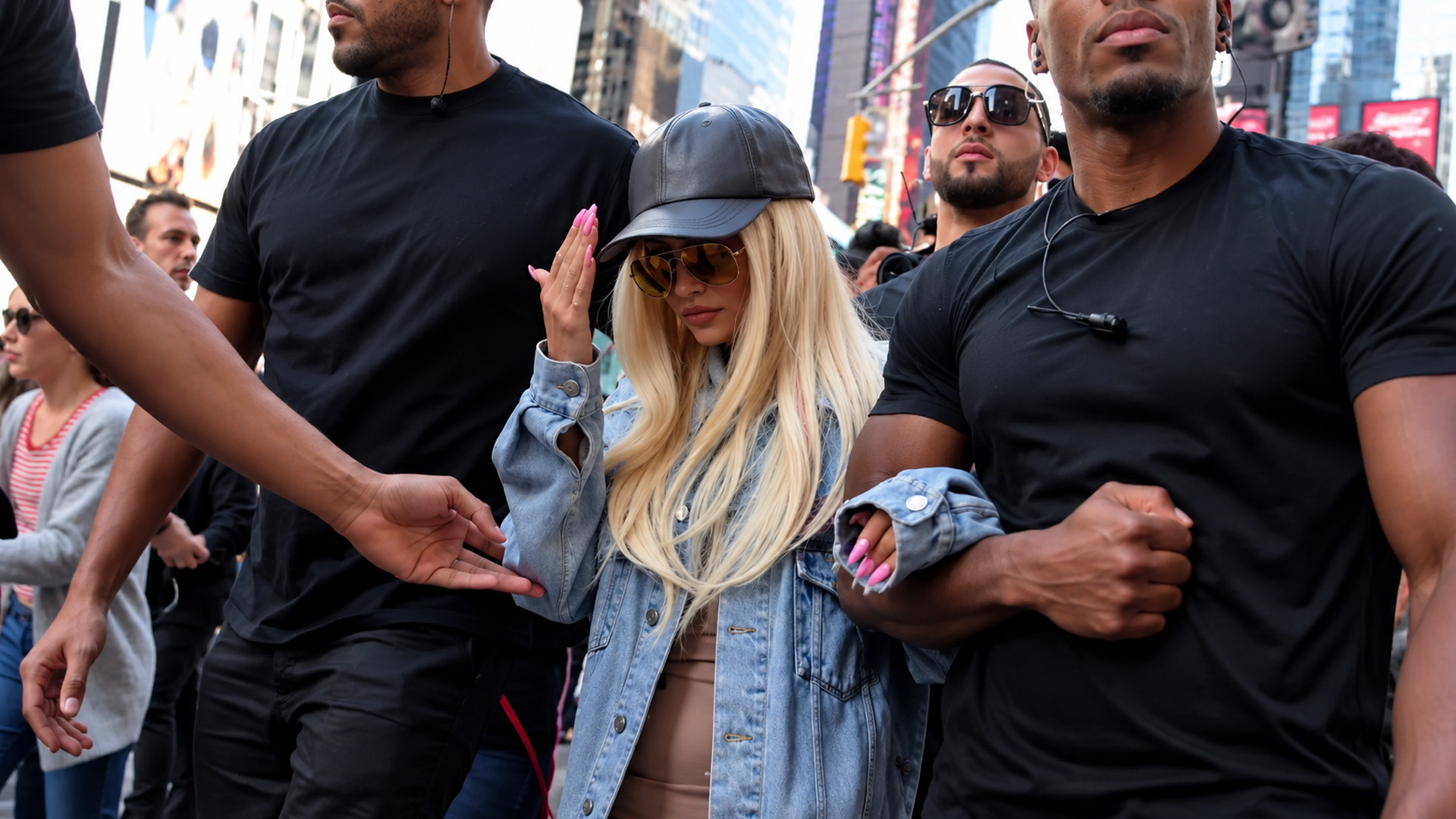 Times Square crowds gather around a Kylie Jenner lookalike