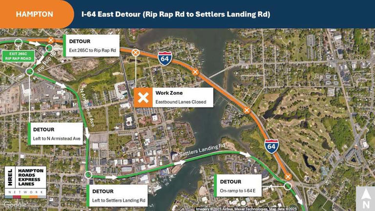 Overnight closure for part of I-64 east in Hampton starts Tuesday