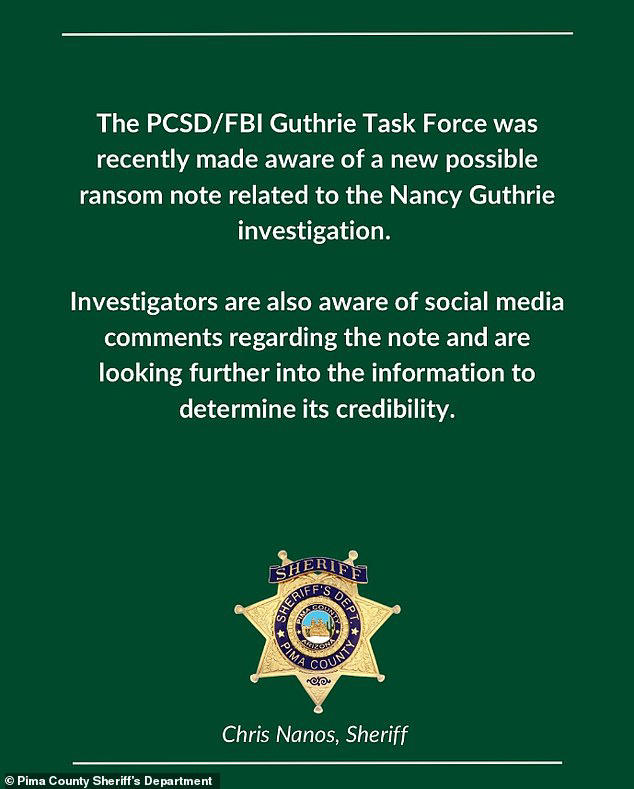 Shock development as new Nancy Guthrie ransom note emerges nearly eight ...