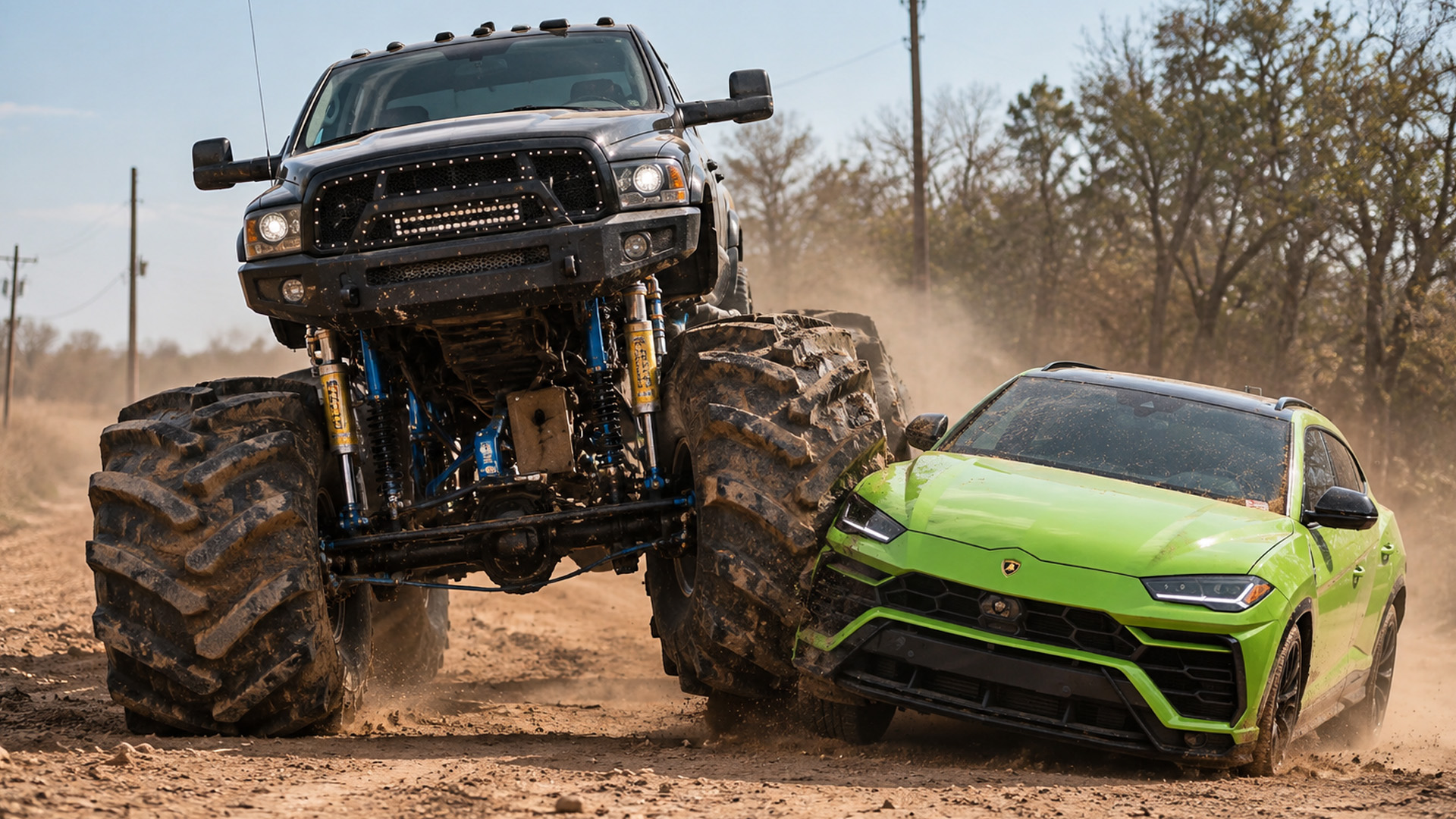 A monster truck crashes into a Lamborghini Urus at redneck festival