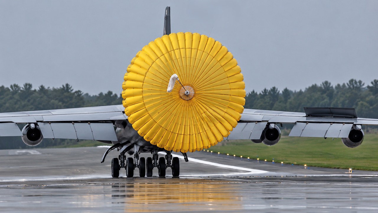 The B-52 comes in hot - watch what happens the second that chute opens