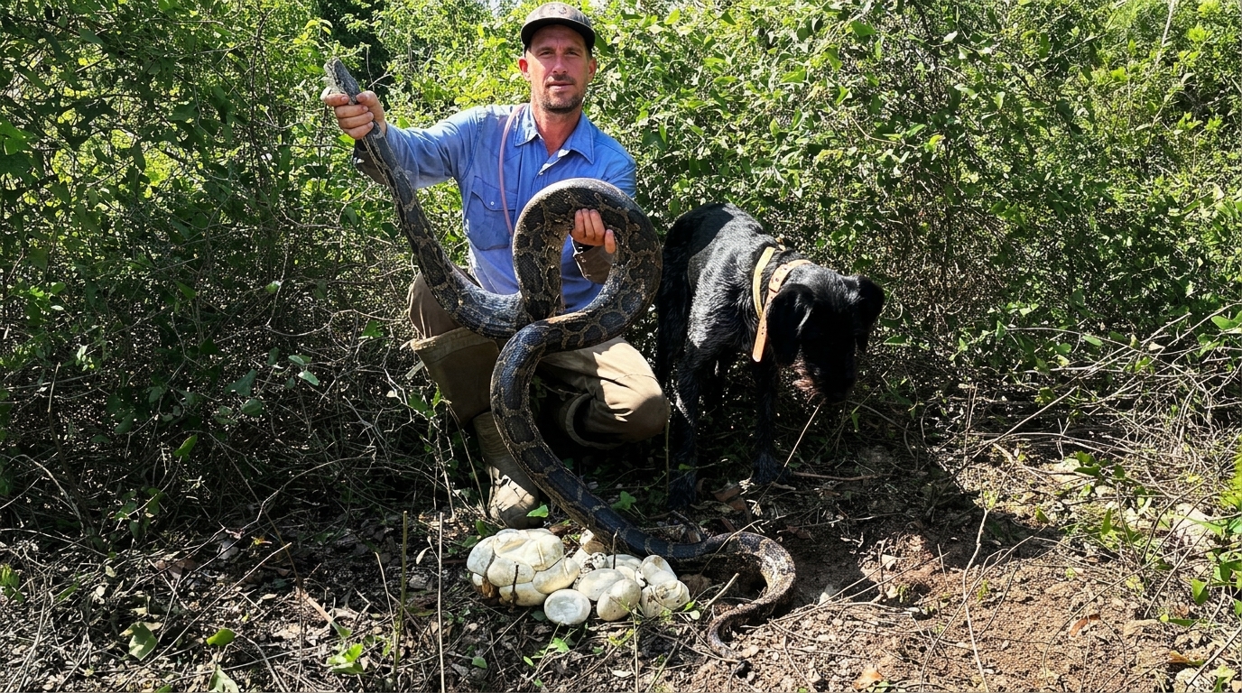 Digging out tick infested cavern for a python on active nest