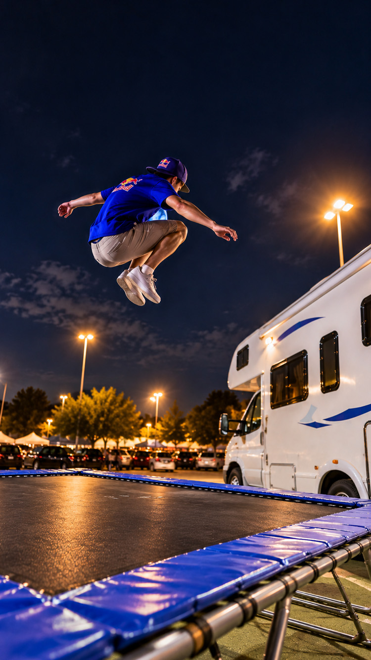 Enorme sprong over een grote camper