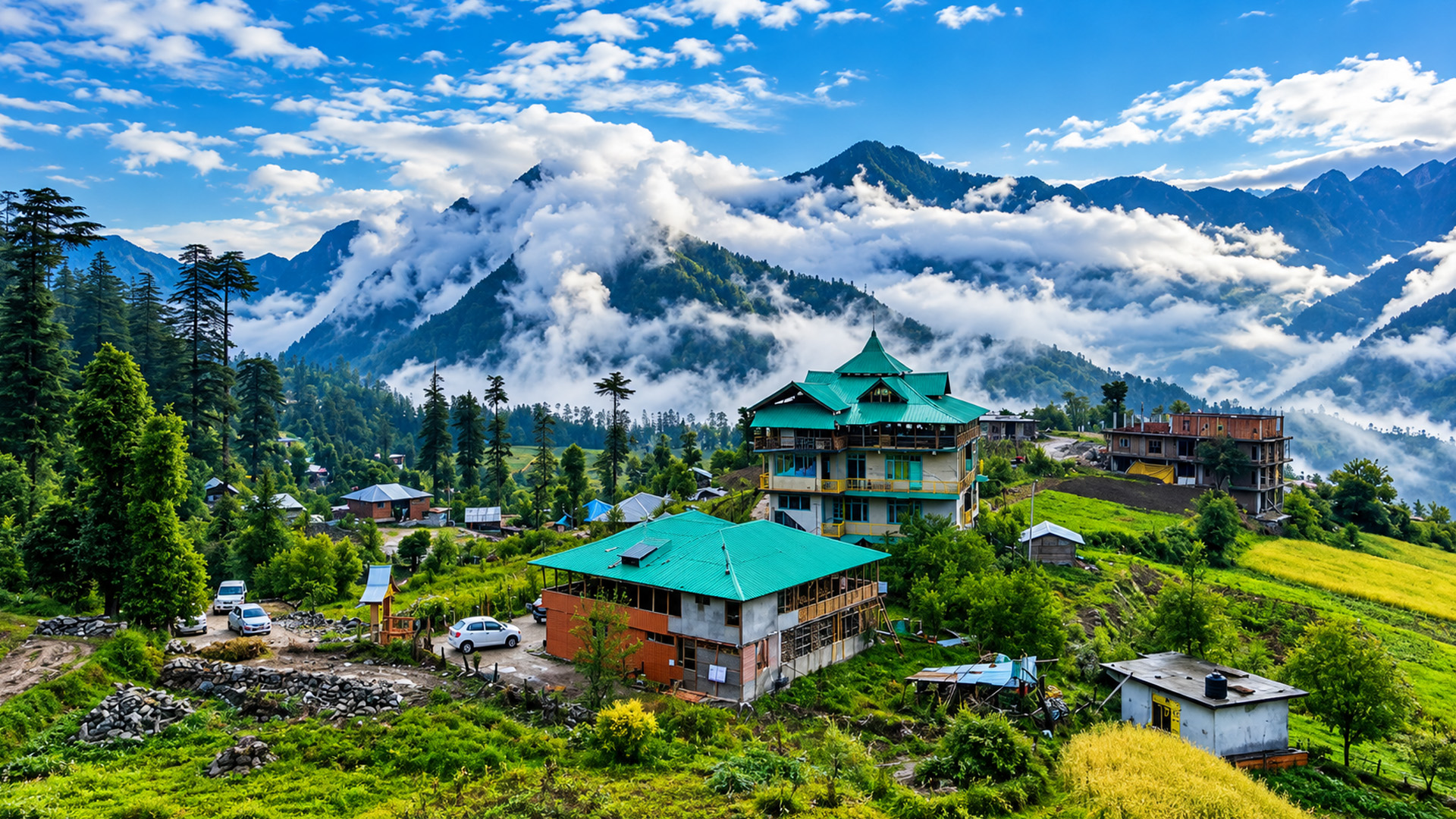 A Himalayan valley disappearing into the clouds