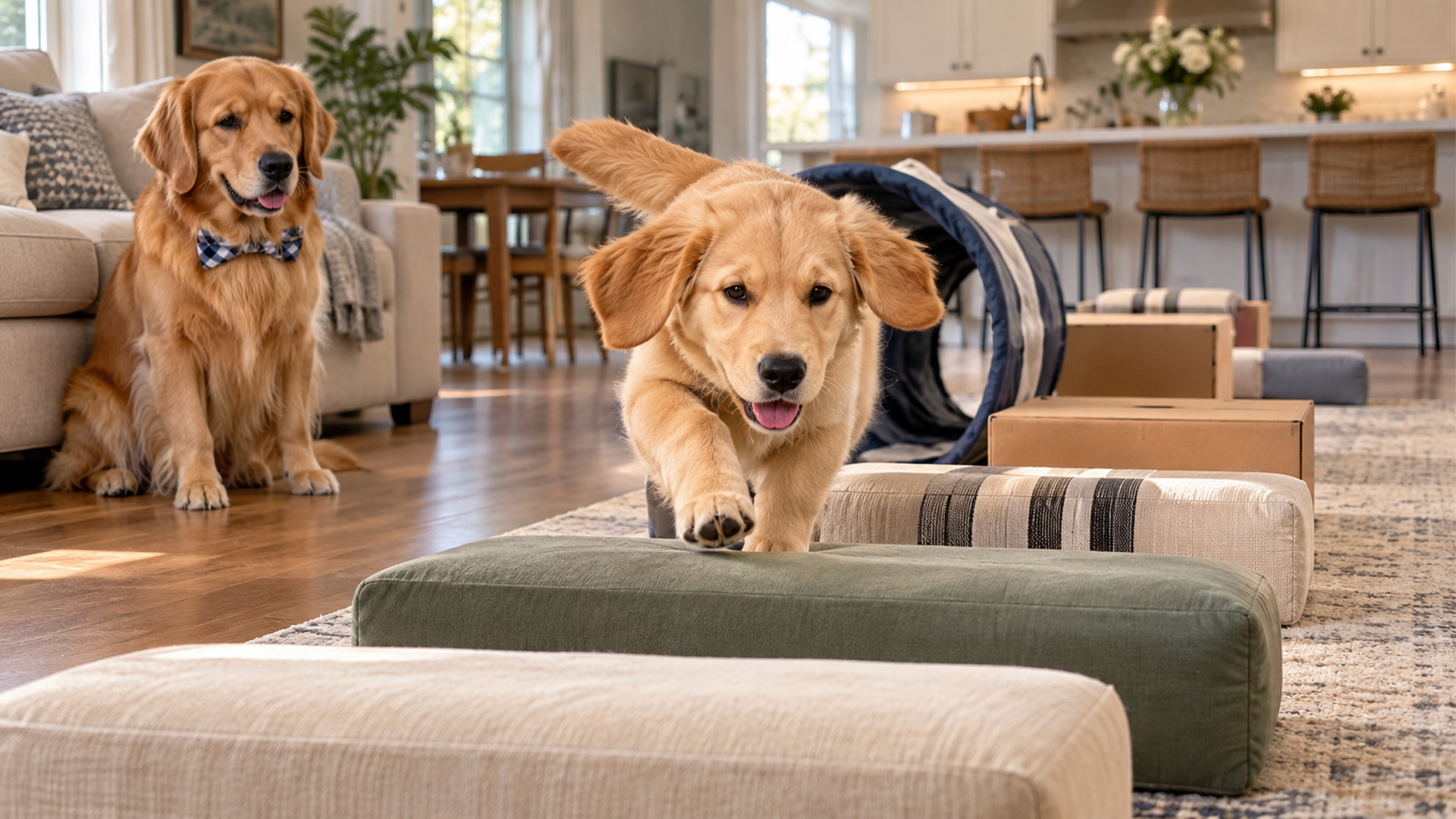 Golden retriever takes the obstacle course challenge