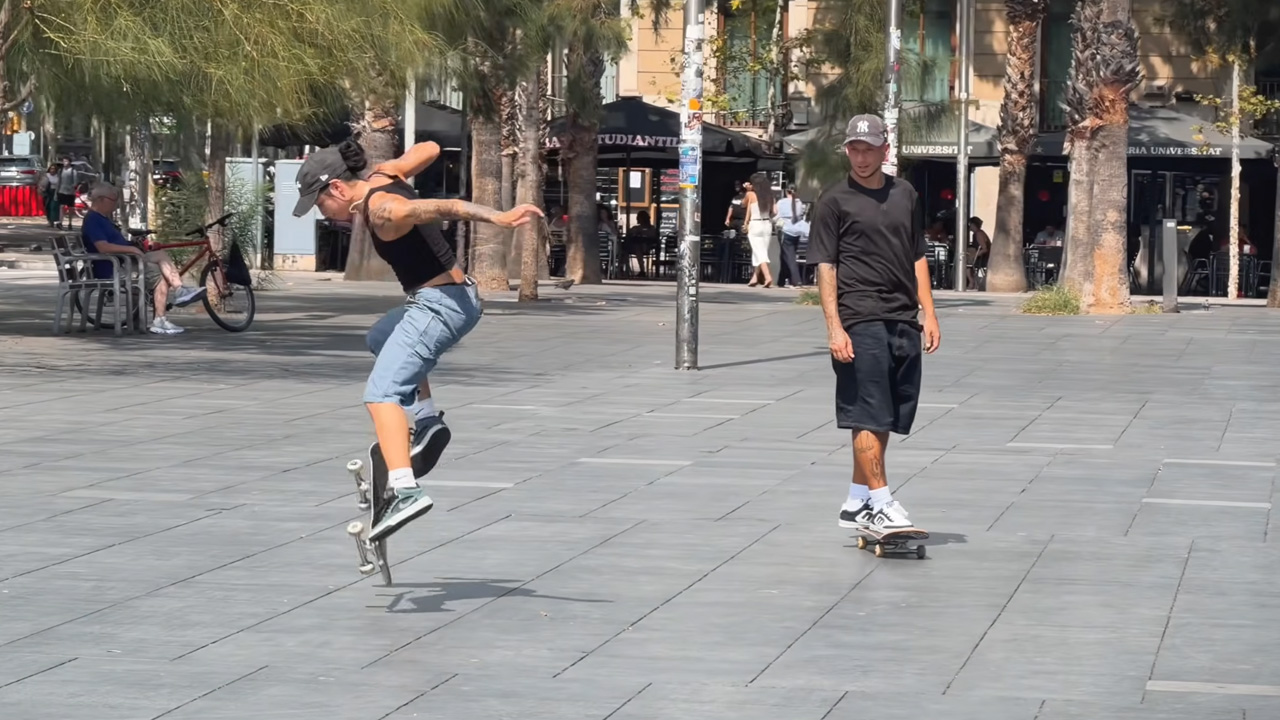 Creative skateboarding on Barcelona street spots