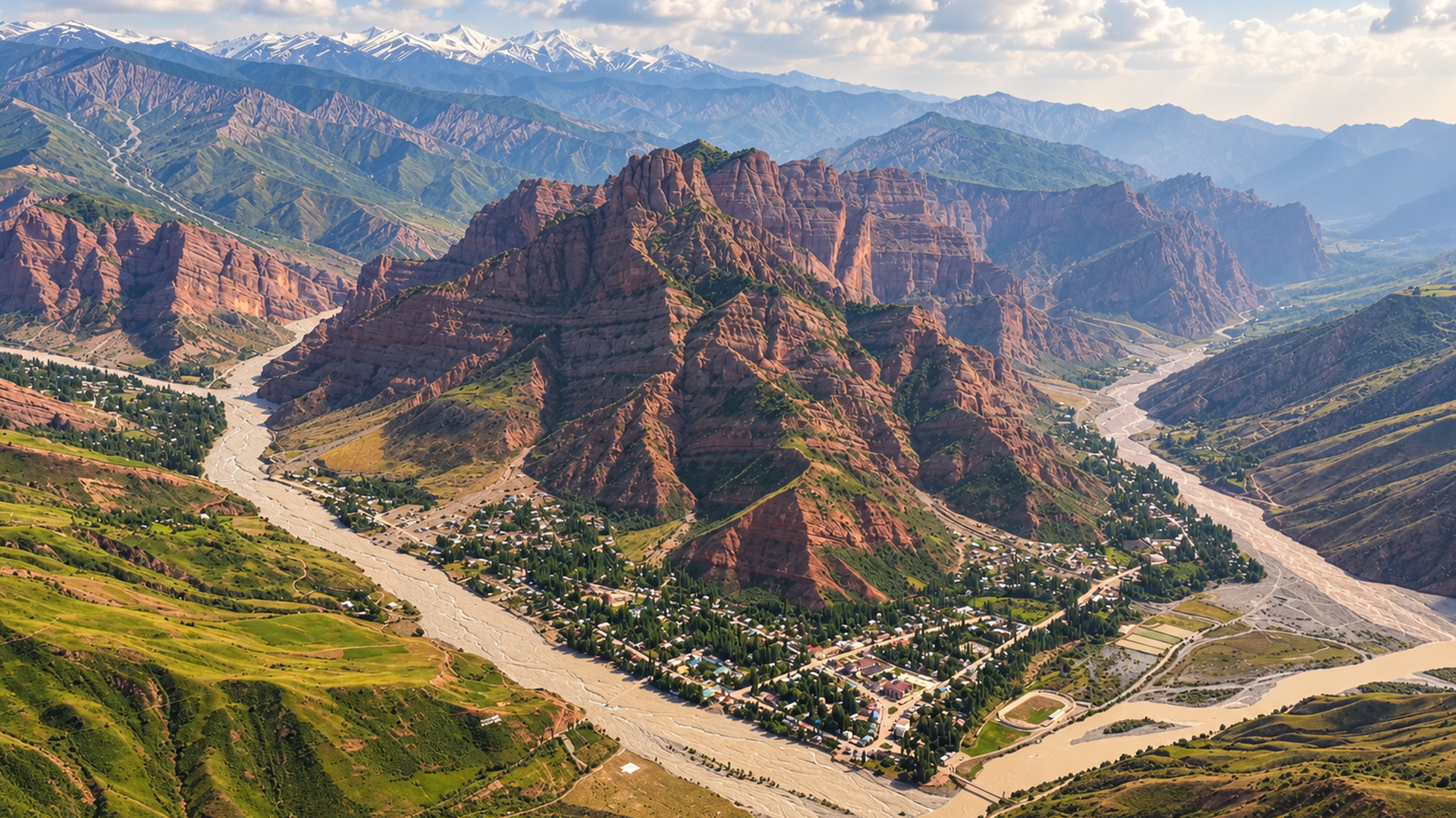 A river town beneath layers of mountain ridges