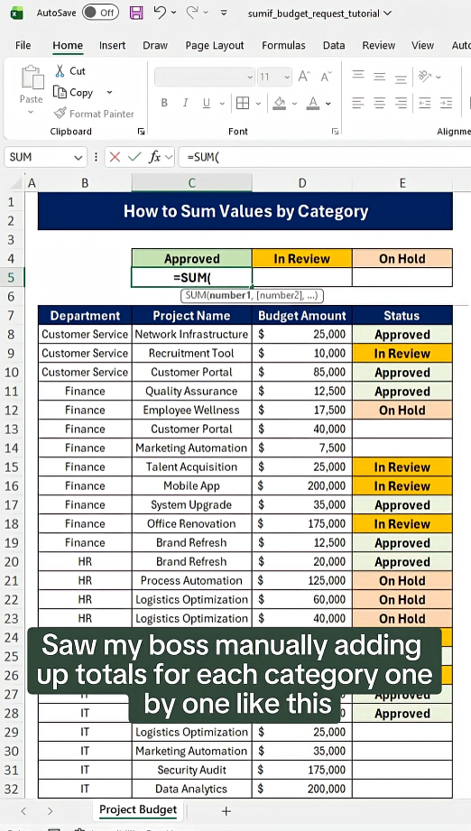 Summing category values with Excel SUMIF