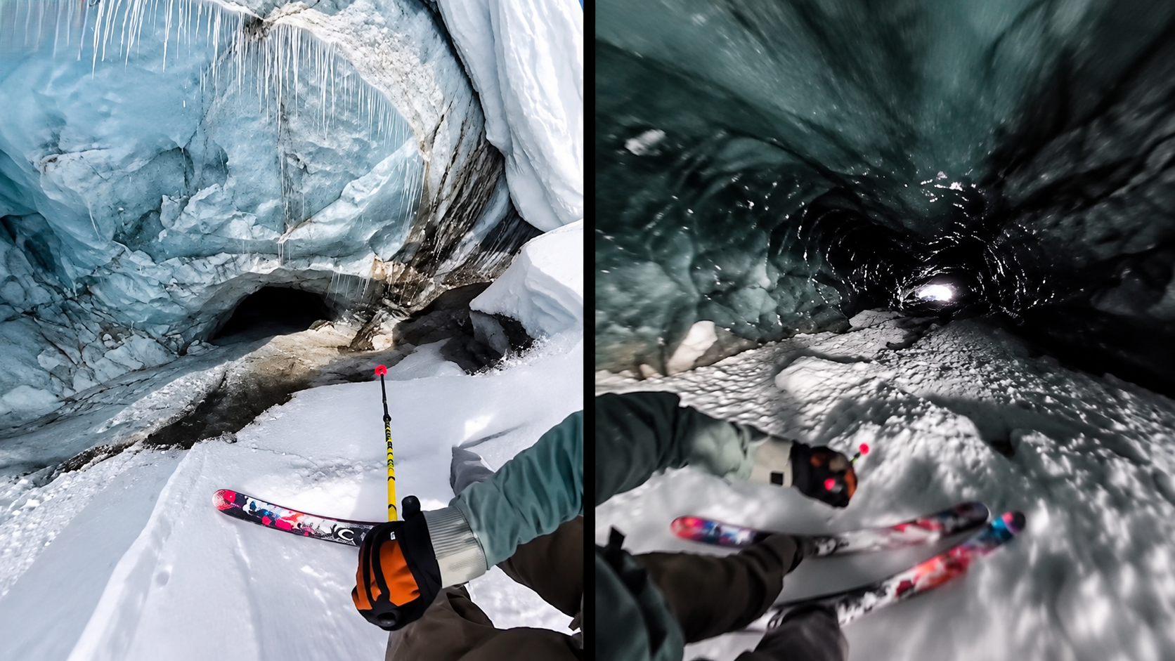 Skier enters a cave and the path keeps getting narrower