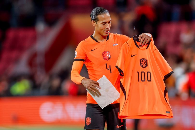 Virgil van Dijk of the Netherlands wearing a shirt showing the number 100 of international matches he has played for the Netherlands so far during the UEFA Nations League 2026/27 Group A2 MD4 match between Netherlands and Serbia
