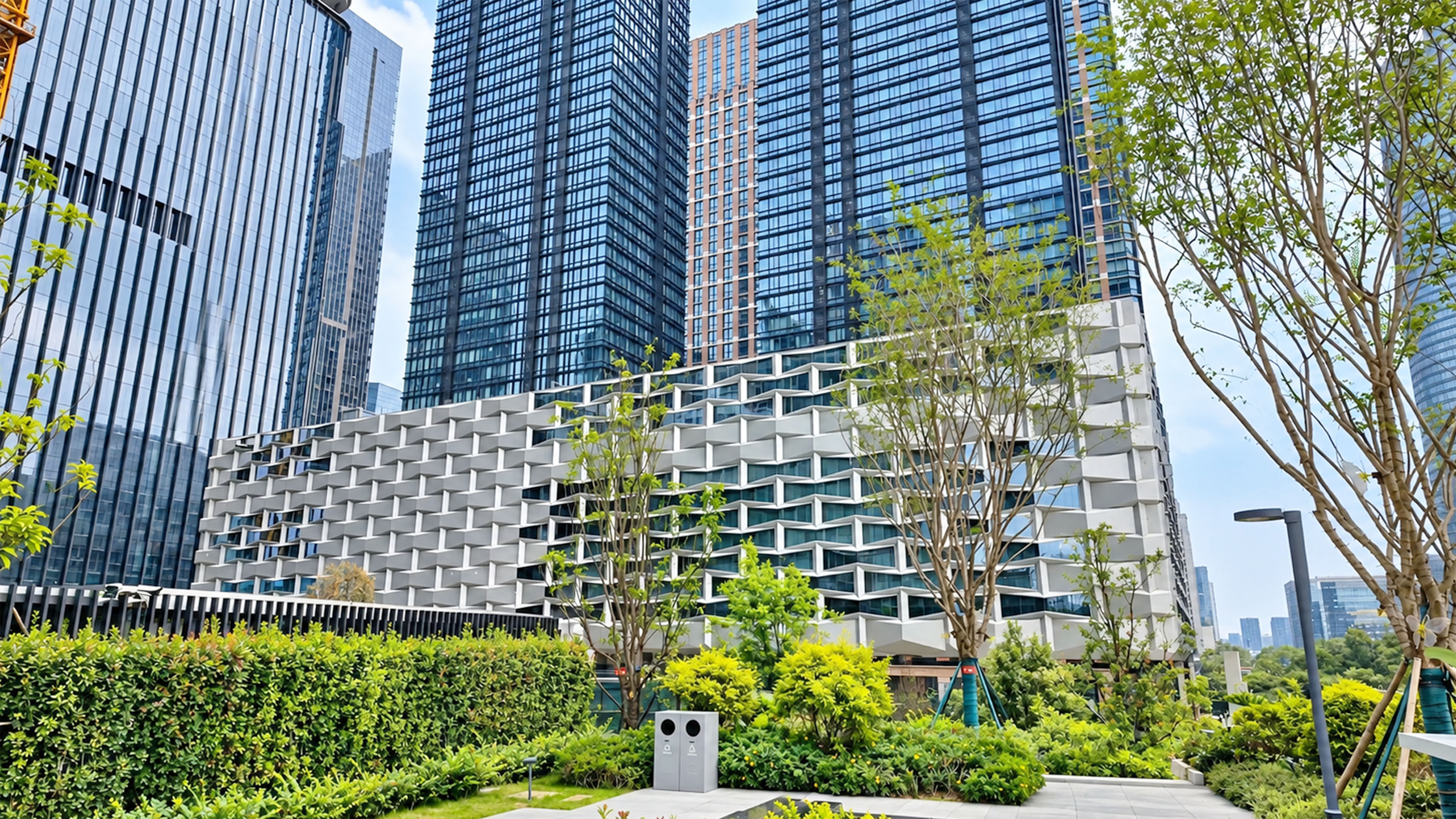 Giant towers surround this unusual modern building in China