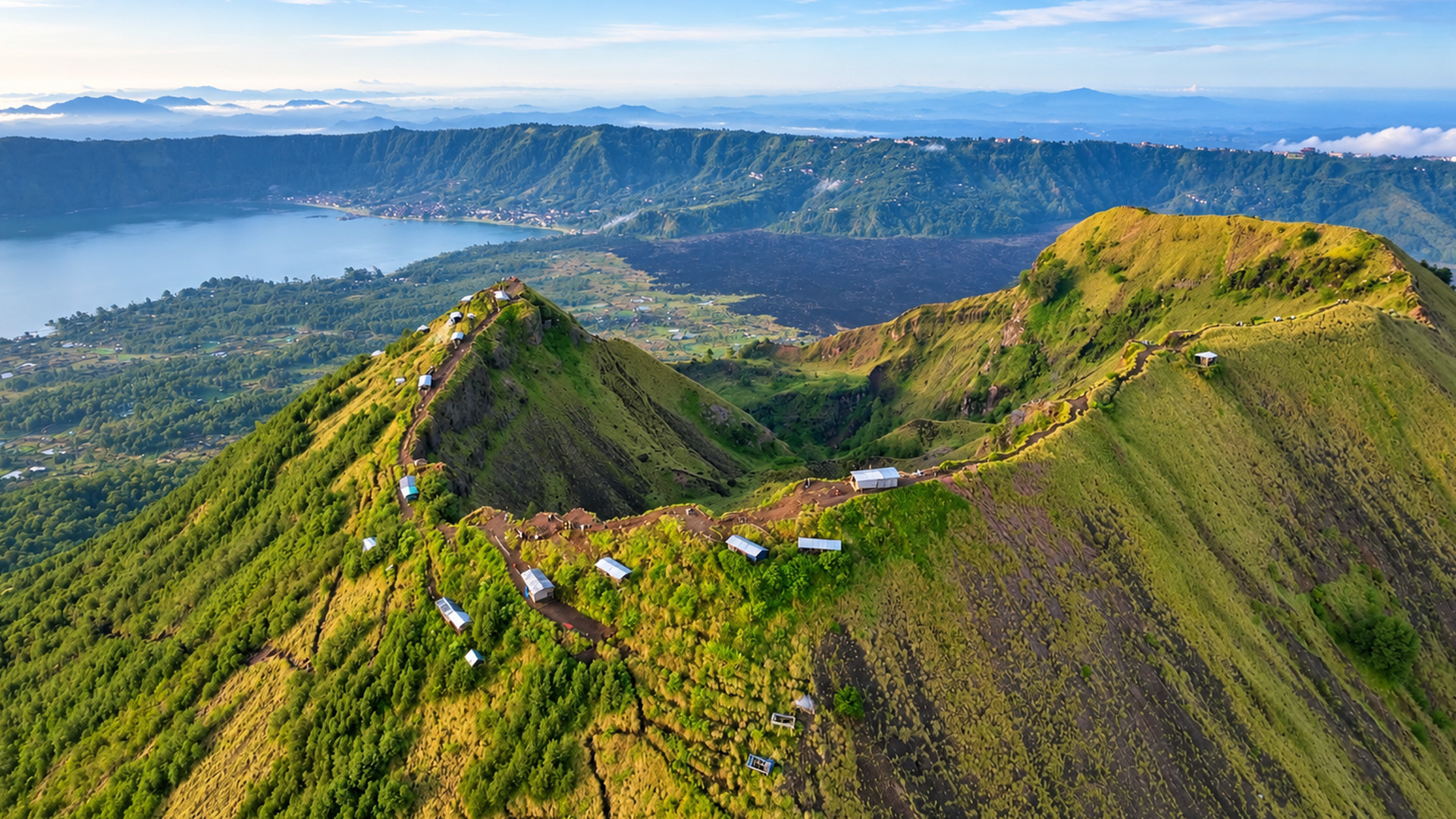 Villages and farms spread across an active volcano