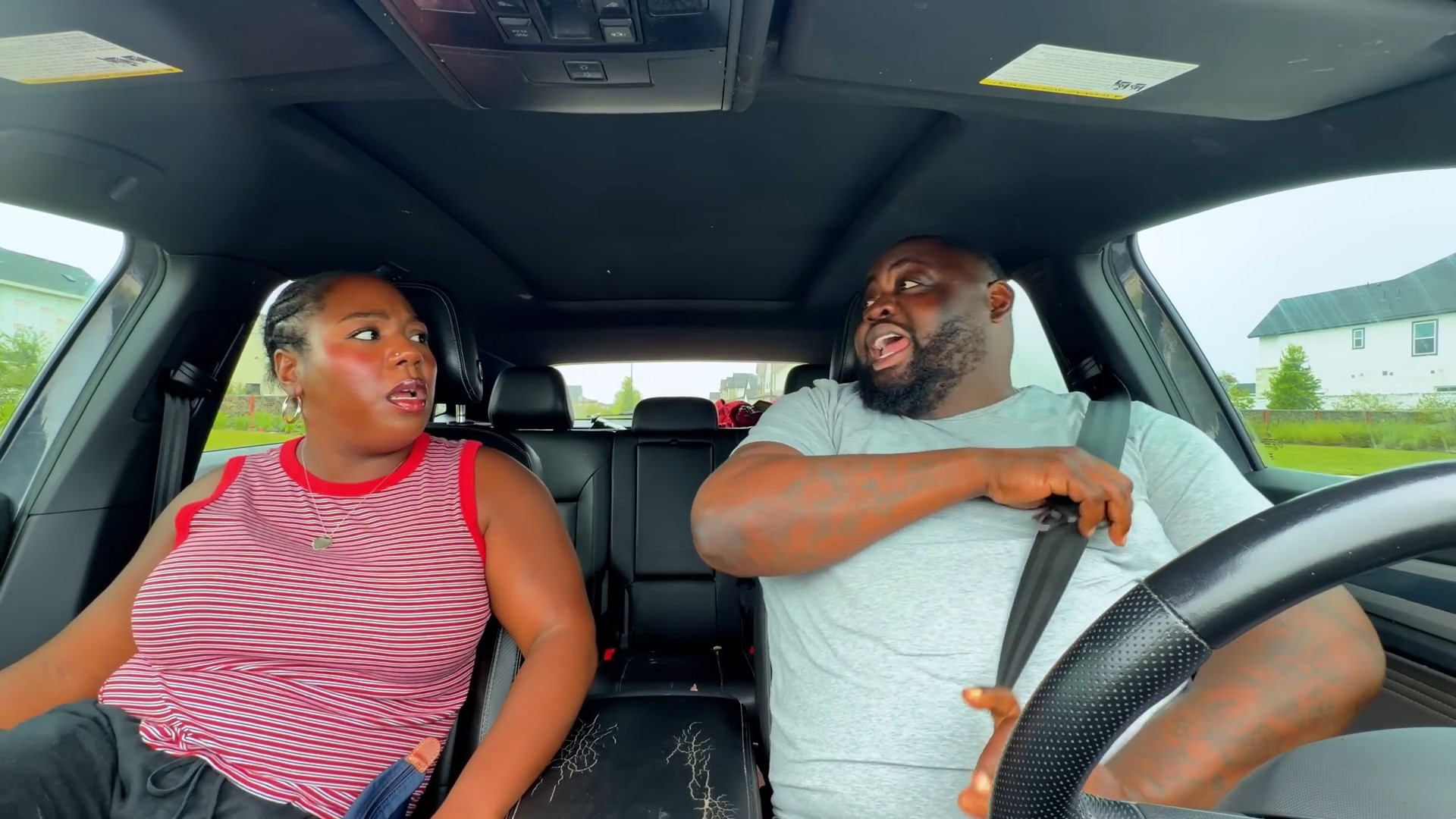 Wife's frustrated face when the car stalled on the side of the road