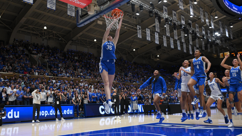 Duke women's player Toby Fournier makes a spectacular dunk and is ...