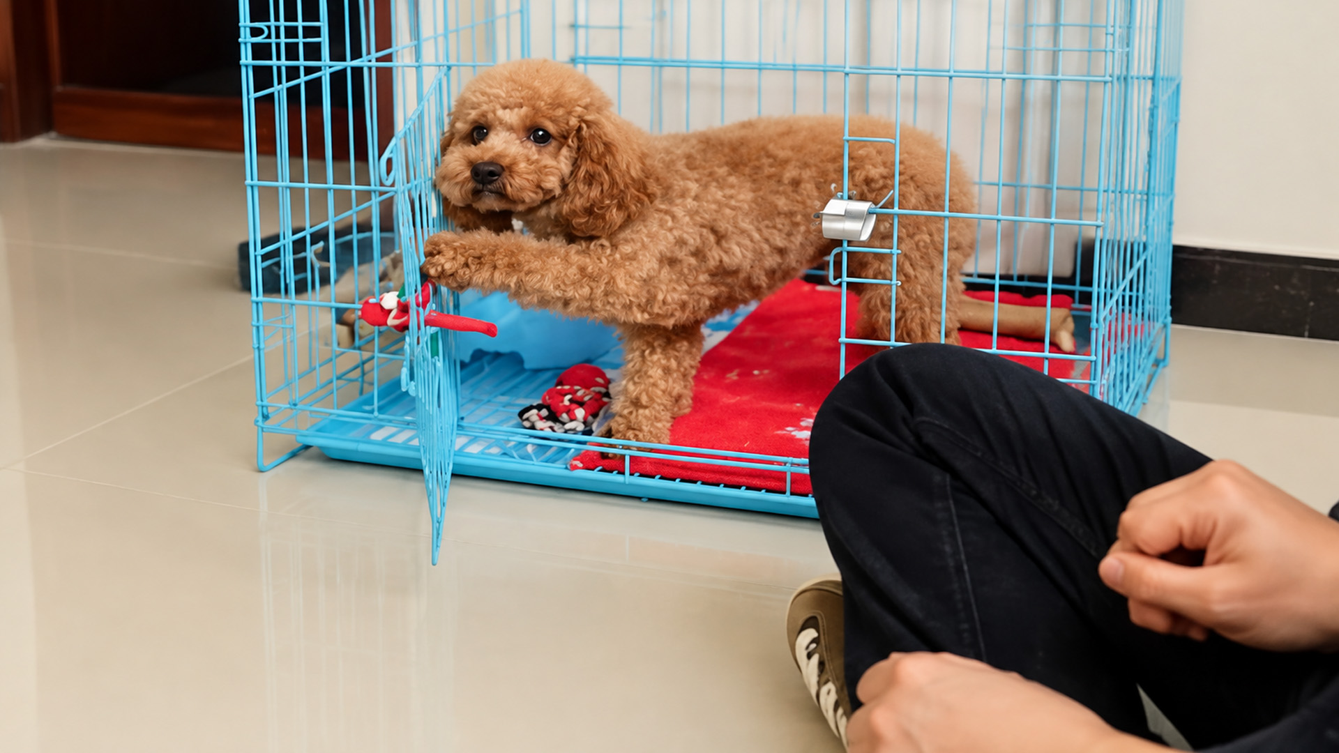Poodle keeps reaching out even with the crate door open