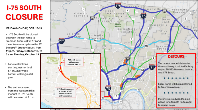 I-75 southbound closing near downtown Cincinnati this weekend