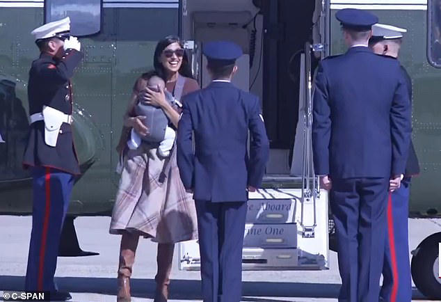 Usha Vance loses her balance while carrying newborn baby down steps of ...
