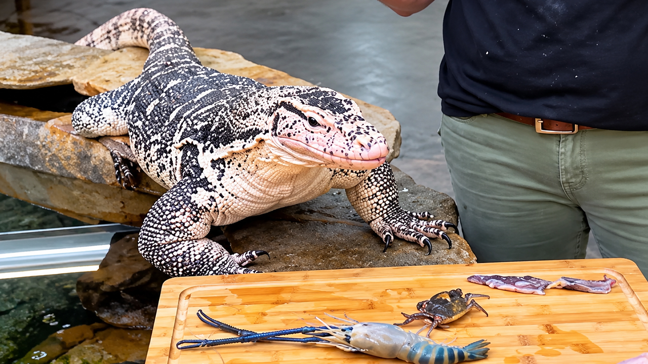 This monitor lizard tries sushi for the first time