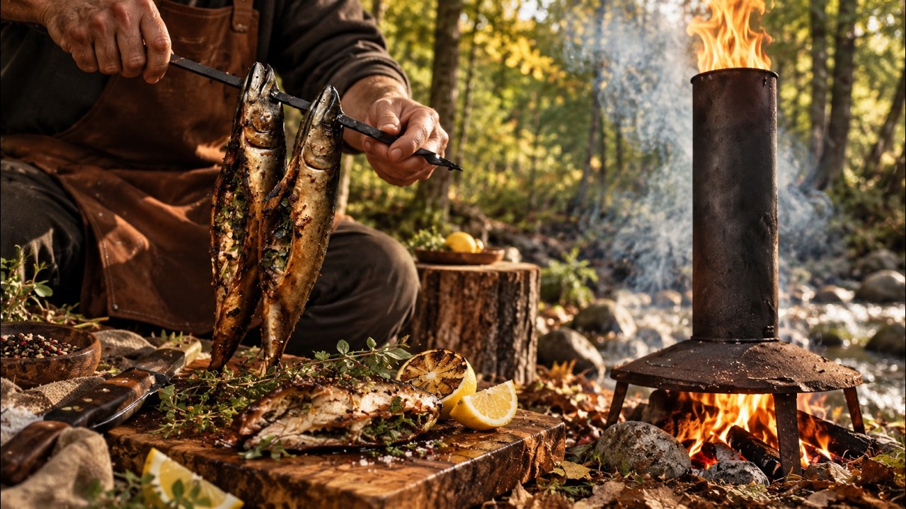 Smoked mackerel in a chimney!🐟🔥 Primitive Serbian cooking