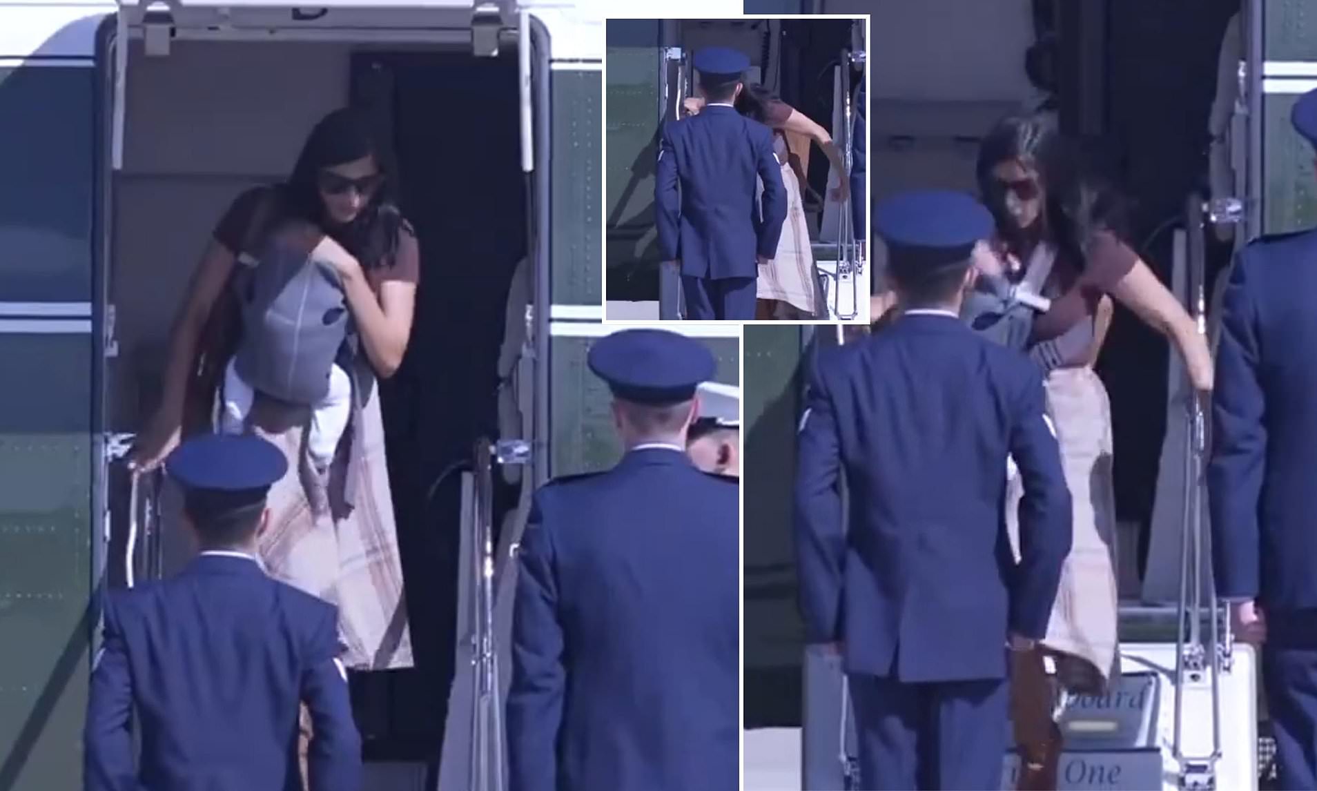 Usha Vance loses her balance while carrying newborn baby down steps of ...