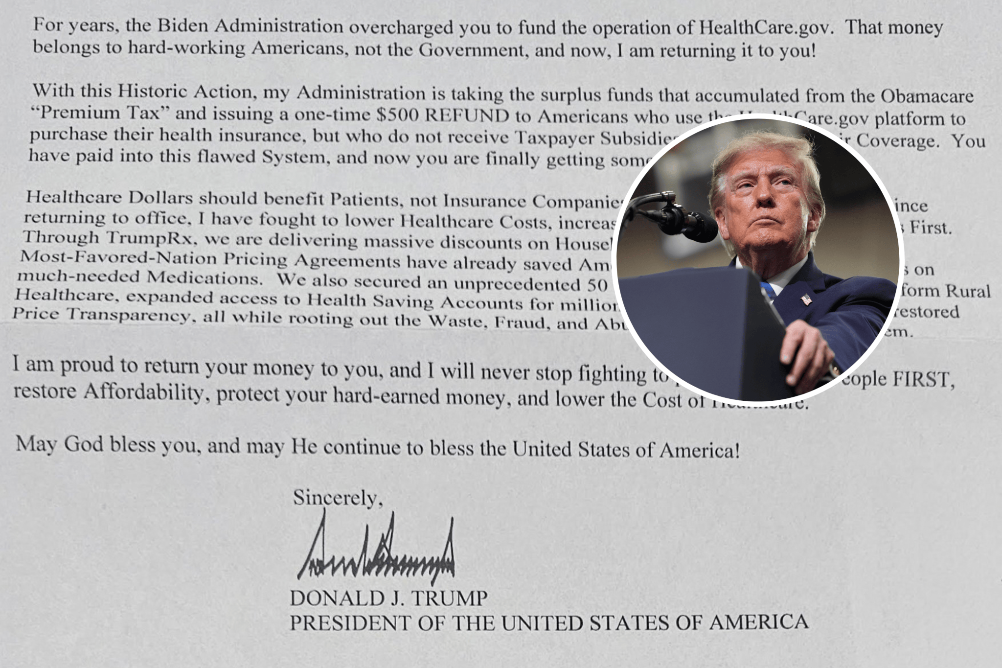 Trump's Obamacare $500 refund checks come with a letter: Read in full