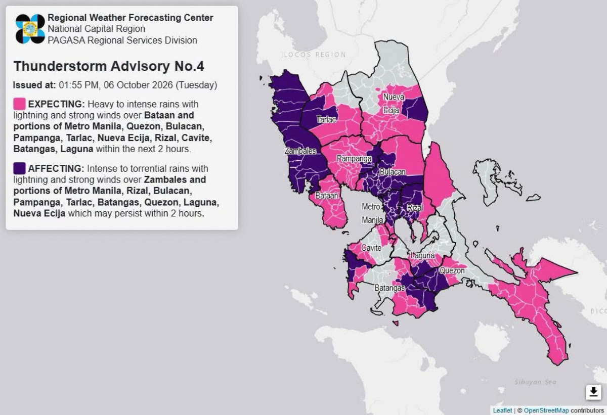 Heavy rains expected in parts of Luzon, including NCR Tuesday afternoon
