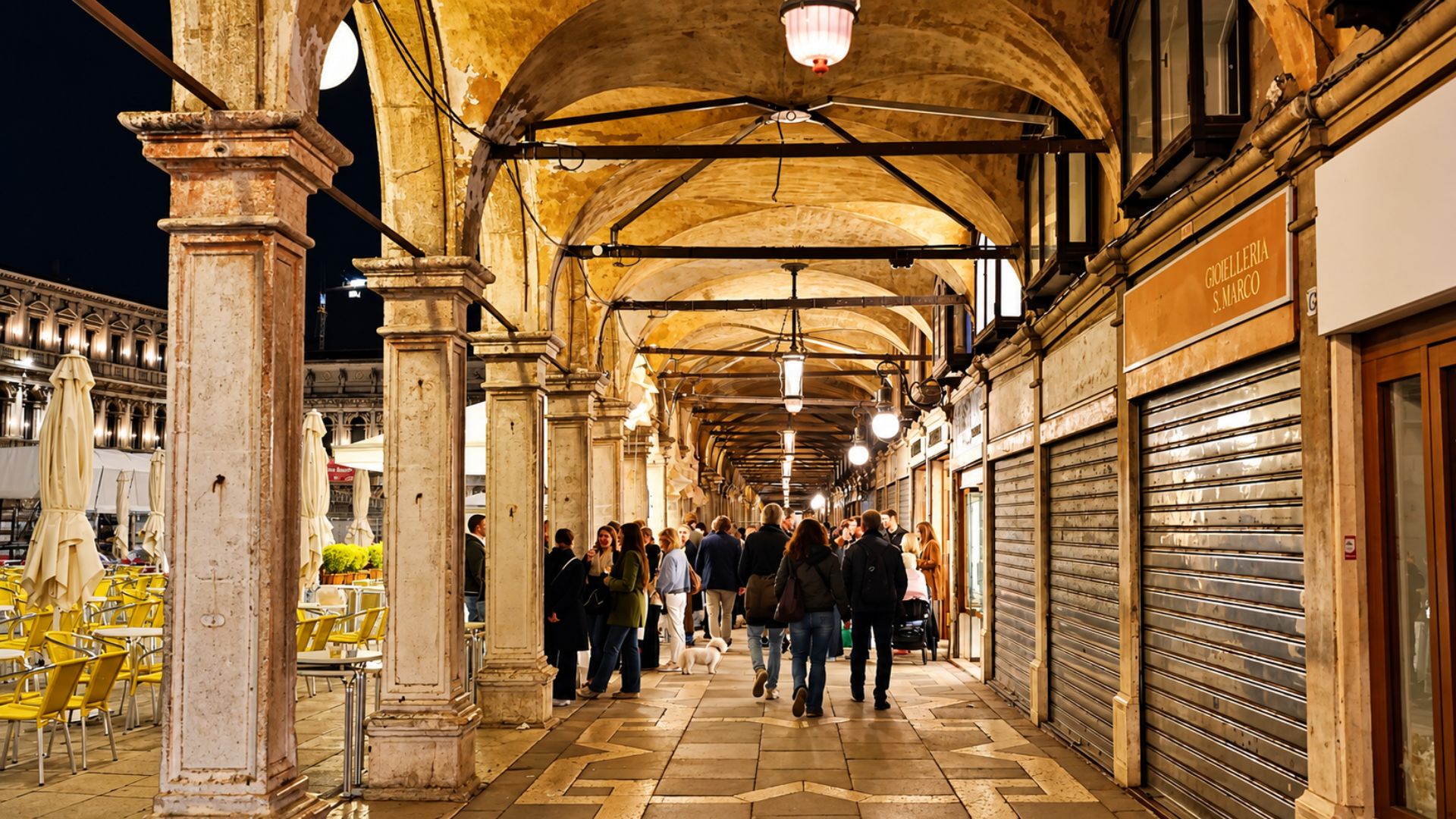 Venice after dark beneath the arcades of St. Mark’s Square (4K)