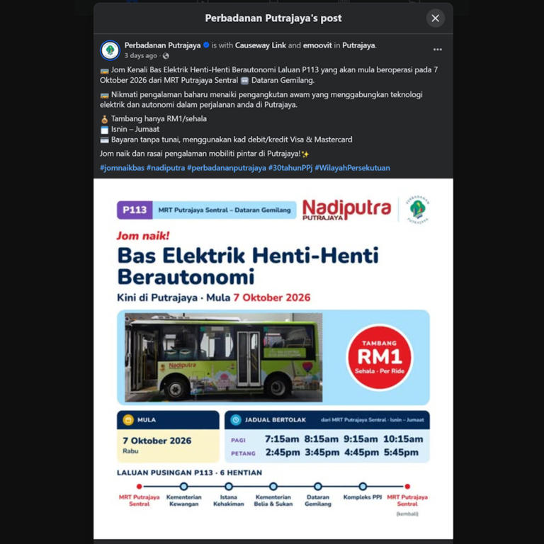 Putrajaya autonomous EV bus service starts this week: Six stops, RM1 ...