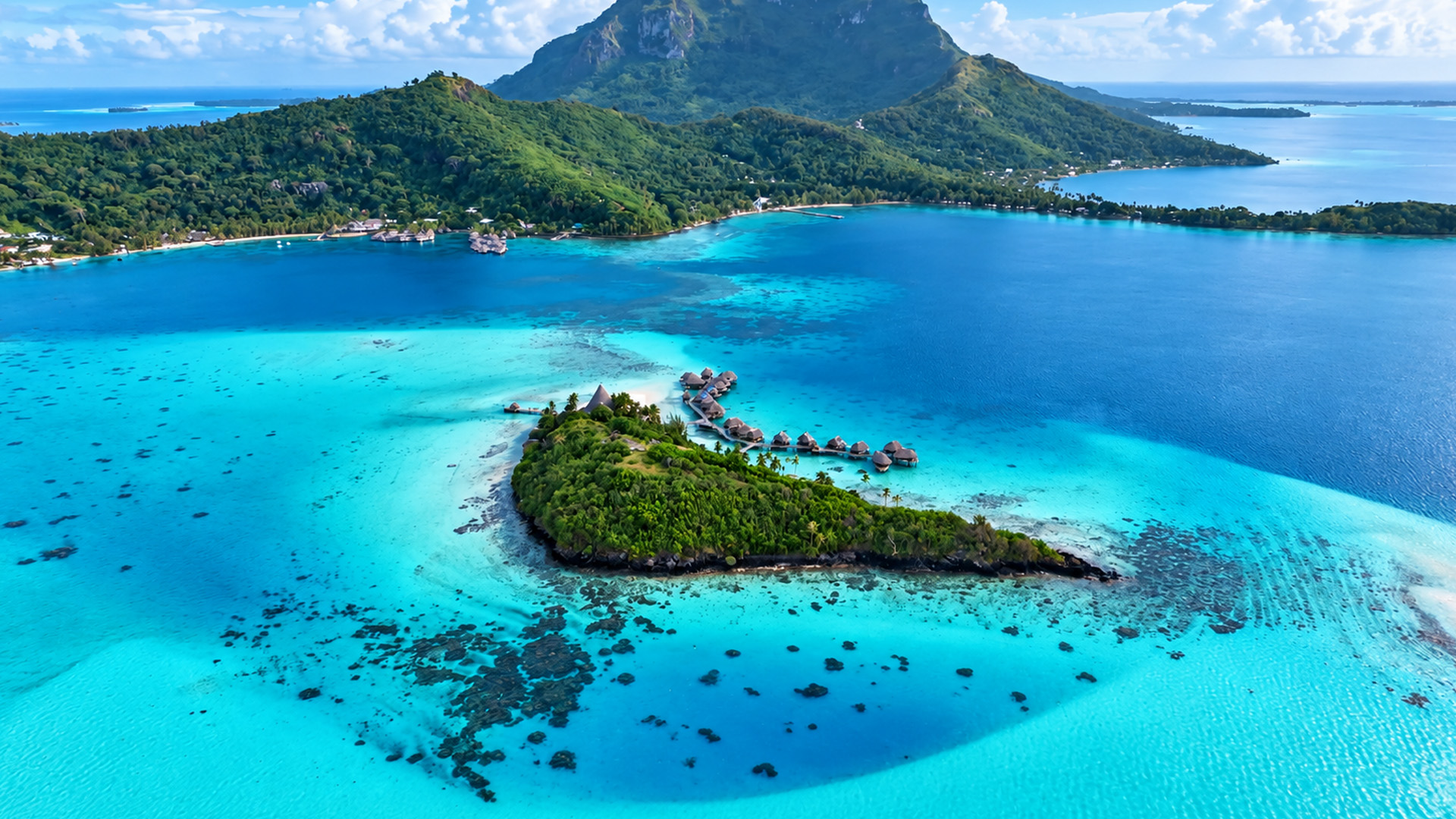 Une eau turquoise entoure une île tropicale verdoyante