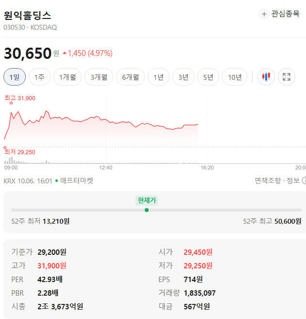 원익홀딩스 주가, 10월 6일 애프터마켓 30,750원 5.31% 상승